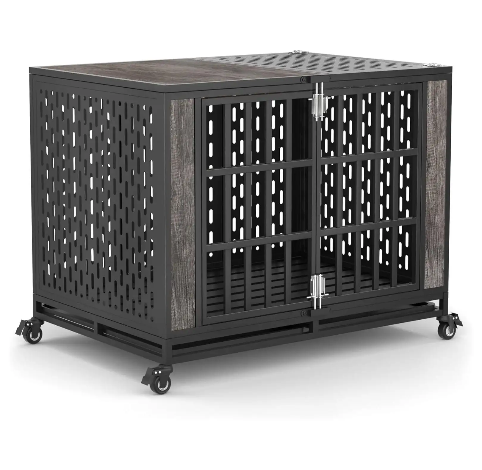 42inch Heavy Duty Dog Crate. Escape Proof Large Medium Kennel for High Anxiety Dogs. Indestructible Pet Cage Indoor. Removable Trays and Lockable Wheels. Gray