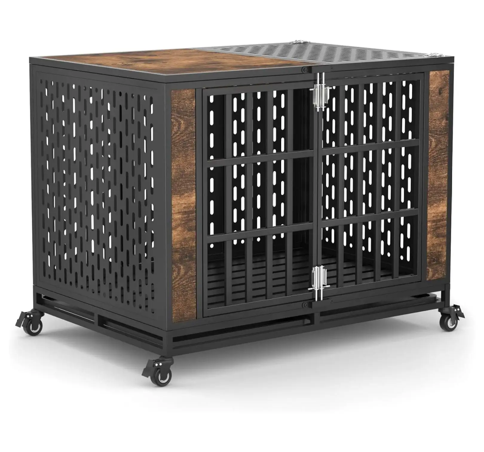 42inch Heavy Duty Dog Crate. Escape Proof Large Medium Kennel for High Anxiety Dogs. Indestructible Pet Cage Indoor. Rustic Brown