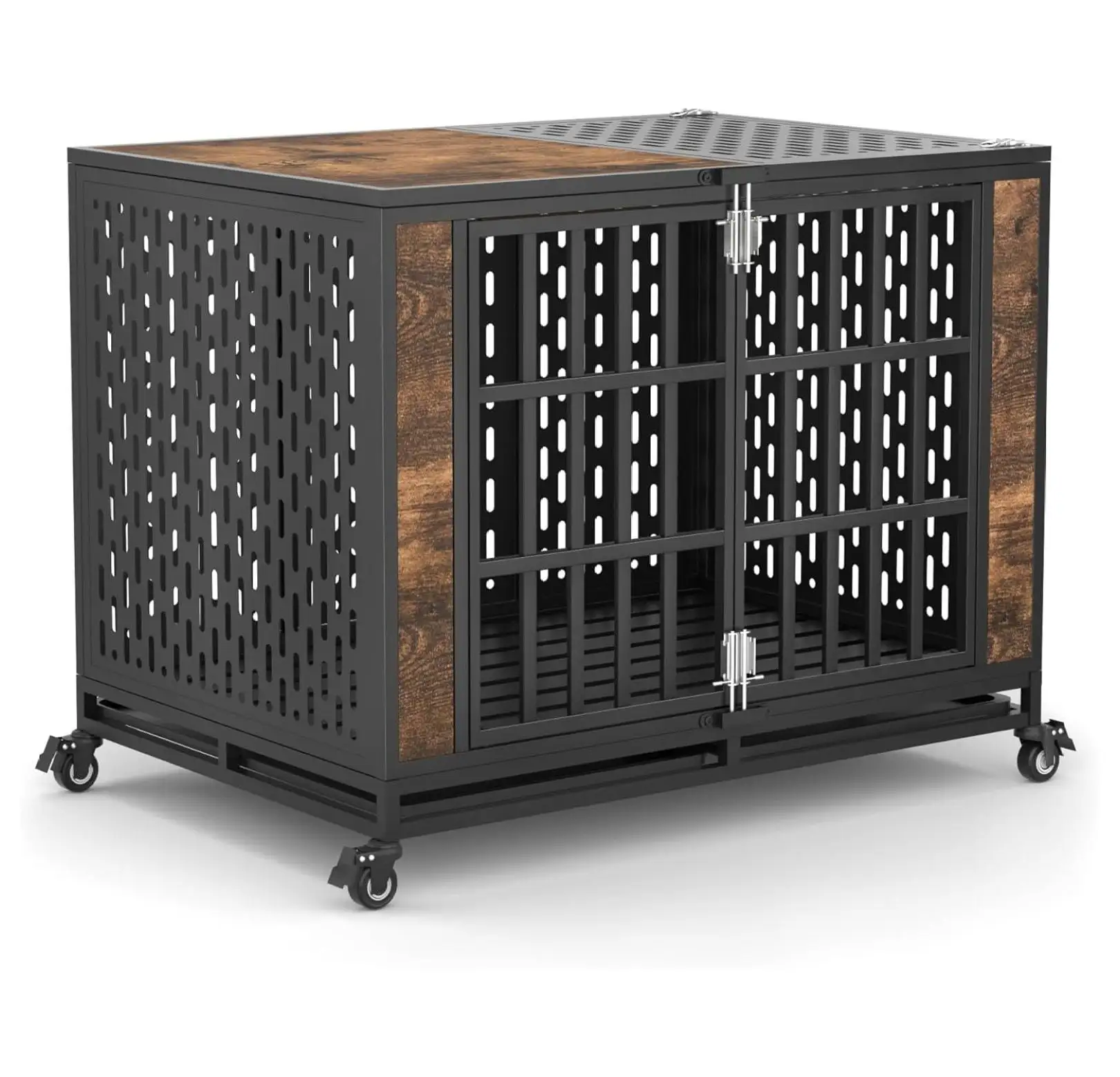 42inch Heavy Duty Dog Crate. Escape Proof Large Medium Kennel for High Anxiety Dogs. Indestructible Pet Cage Indoor. Rustic Brown