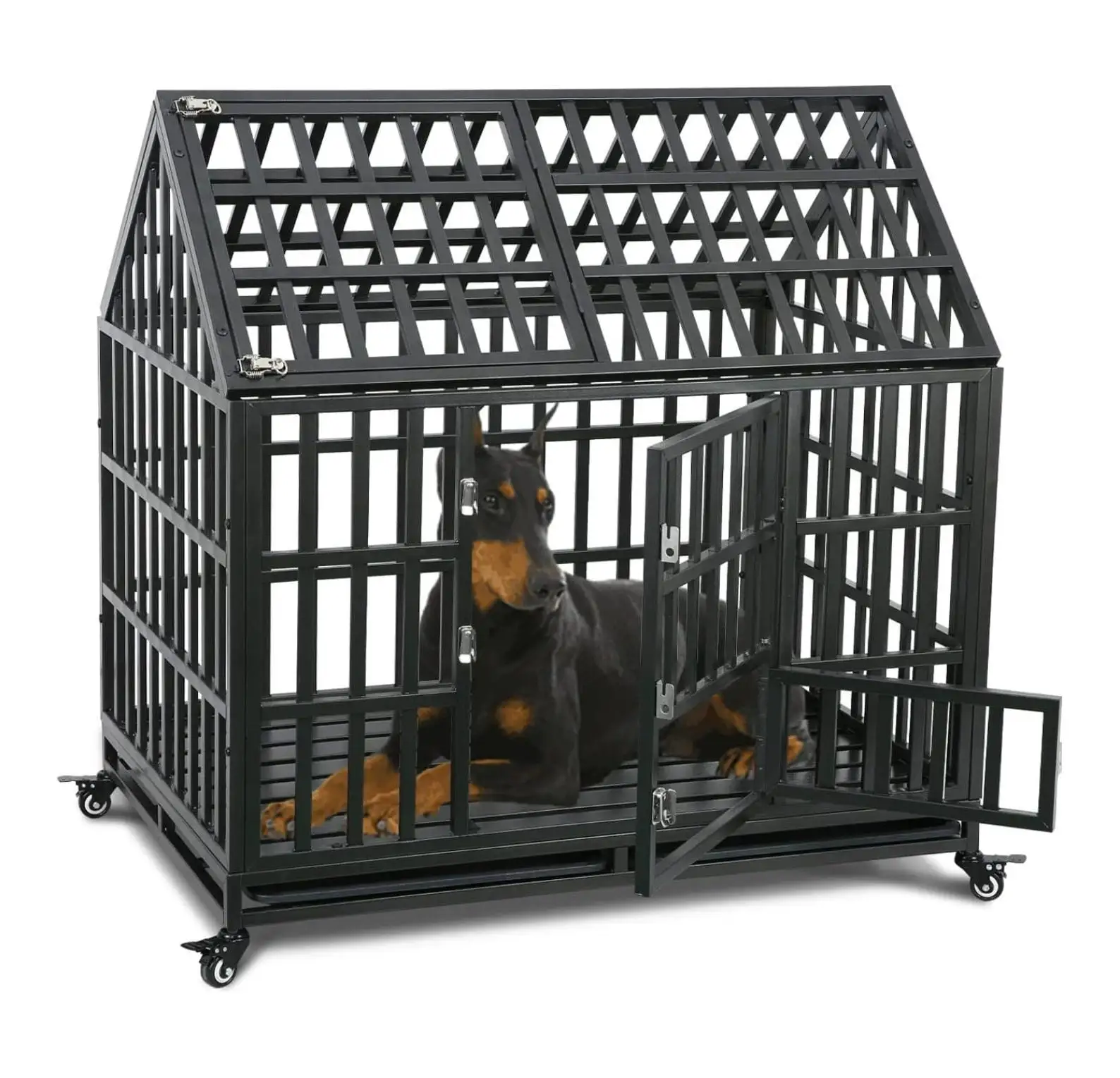 43 Heavy Duty Dog Crate Cage Strong Metal Frame Dog Kennel for Middle to Large Size Pets with 4 Lockable Wheels & Removable Tray for Indoor & Outdoor.Black