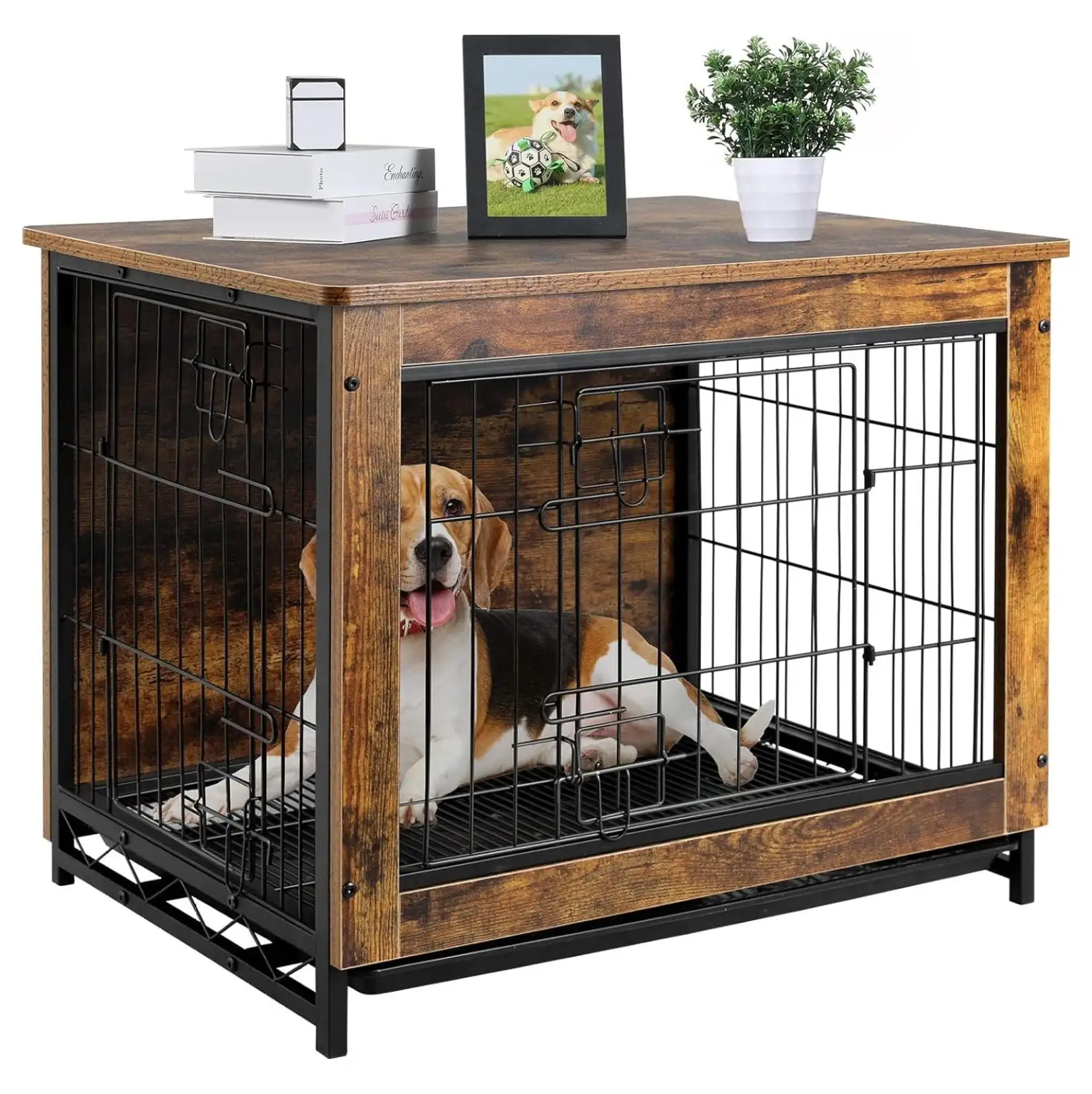 44.1/38.6/29.1 Large Dog Crate Furniture. Side End Table. Mordern Kennel. Wooden Heavy-Duty Dog Cage. Dog House. Indoor End Table. Night Stand.w/Removable Tray. Double-Door. 3mm(Dia) Wire