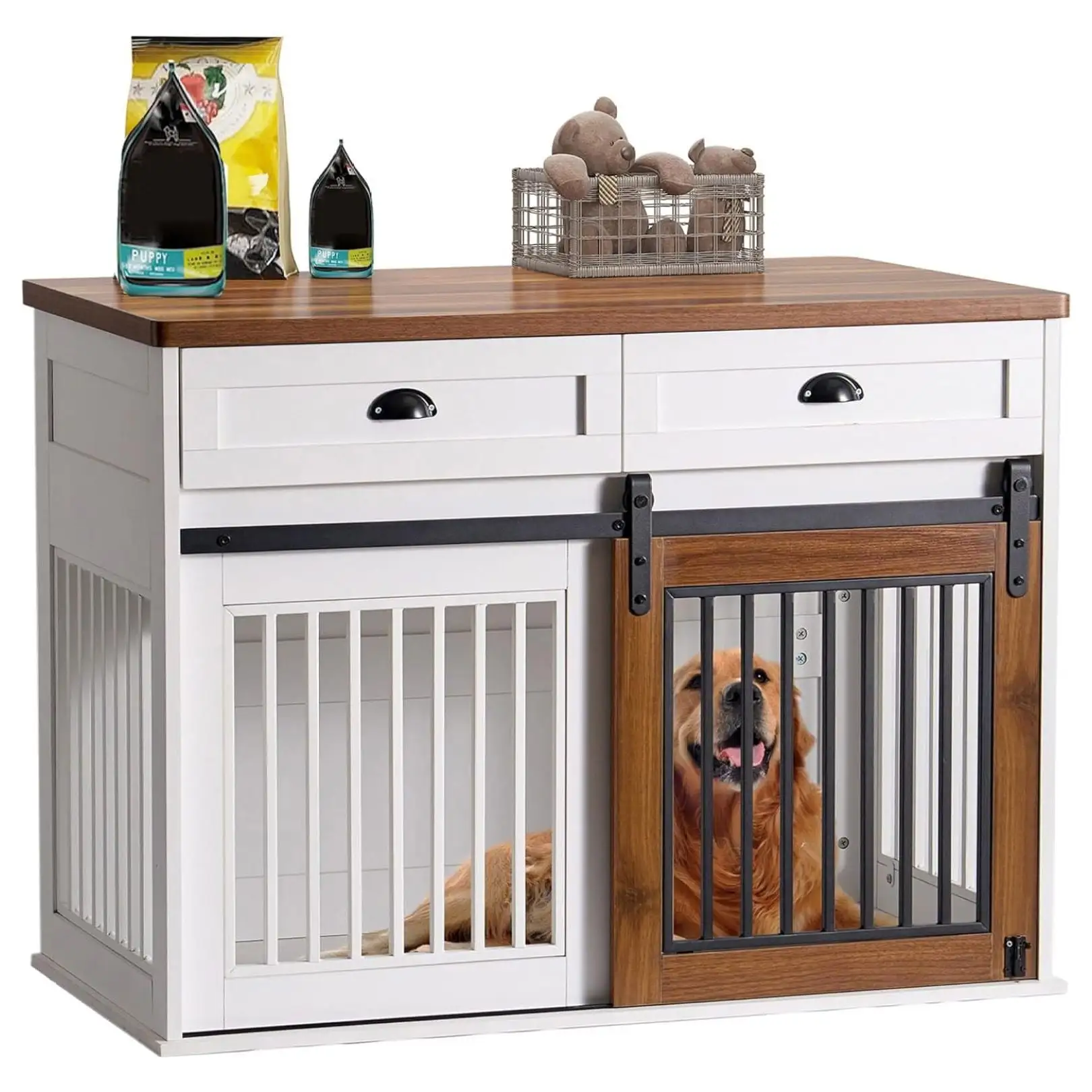 44 inches Dog Crate Furniture with Sliding Barn Door. Wooden Dog Kennel with 2 Drawers and Lock. Indoor Dog House for Small/Medium/Large Dogs