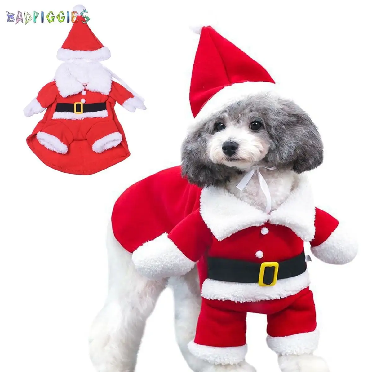 BadPiggies Pet Christmas Costumes Dog Suit with Cap Santa Claus Coat Suit Puppy Dog Hoodies Cat Xmas Cosplay. L