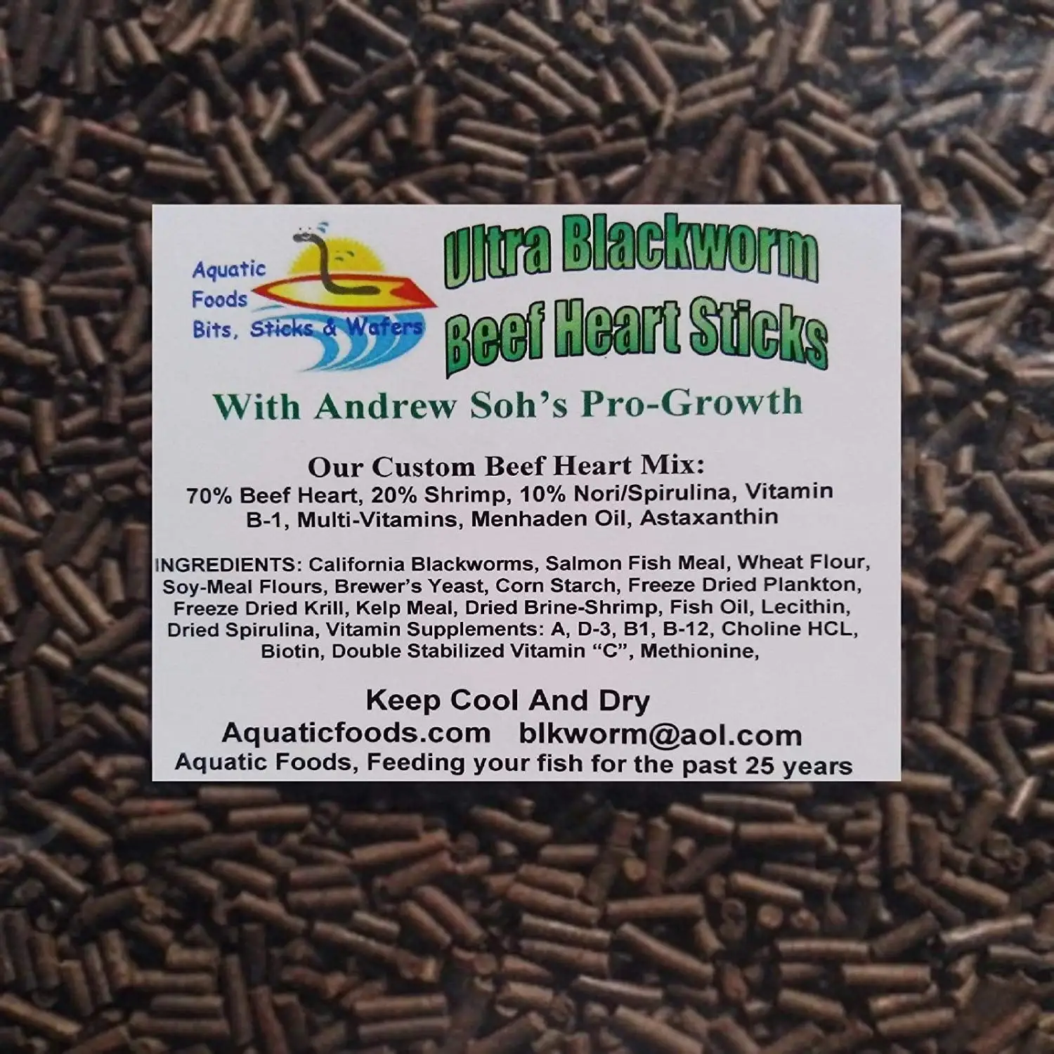 Aquatic Foods Pro-GRO Enhanced Blackworm/Beef Heart Mix Sinking Sticks for increasing Growth in Discus. Cichlids. All Tropical Fish - 1/4-lb