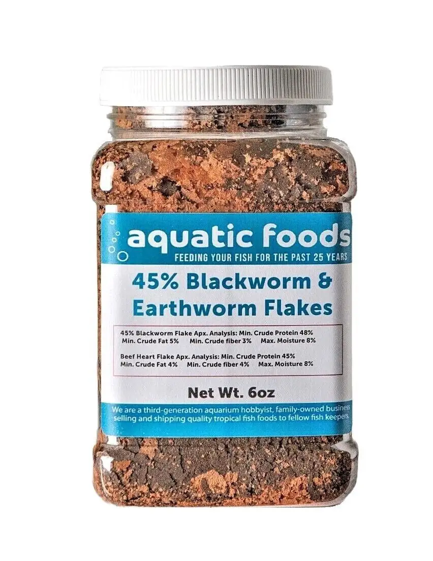 45% Blackworm Flake & Earthworm Flake Mix for Discus. Cichlids. All Tropical Fish. Aquatic Foods Premiun Flakesa?|6oz Med Jar