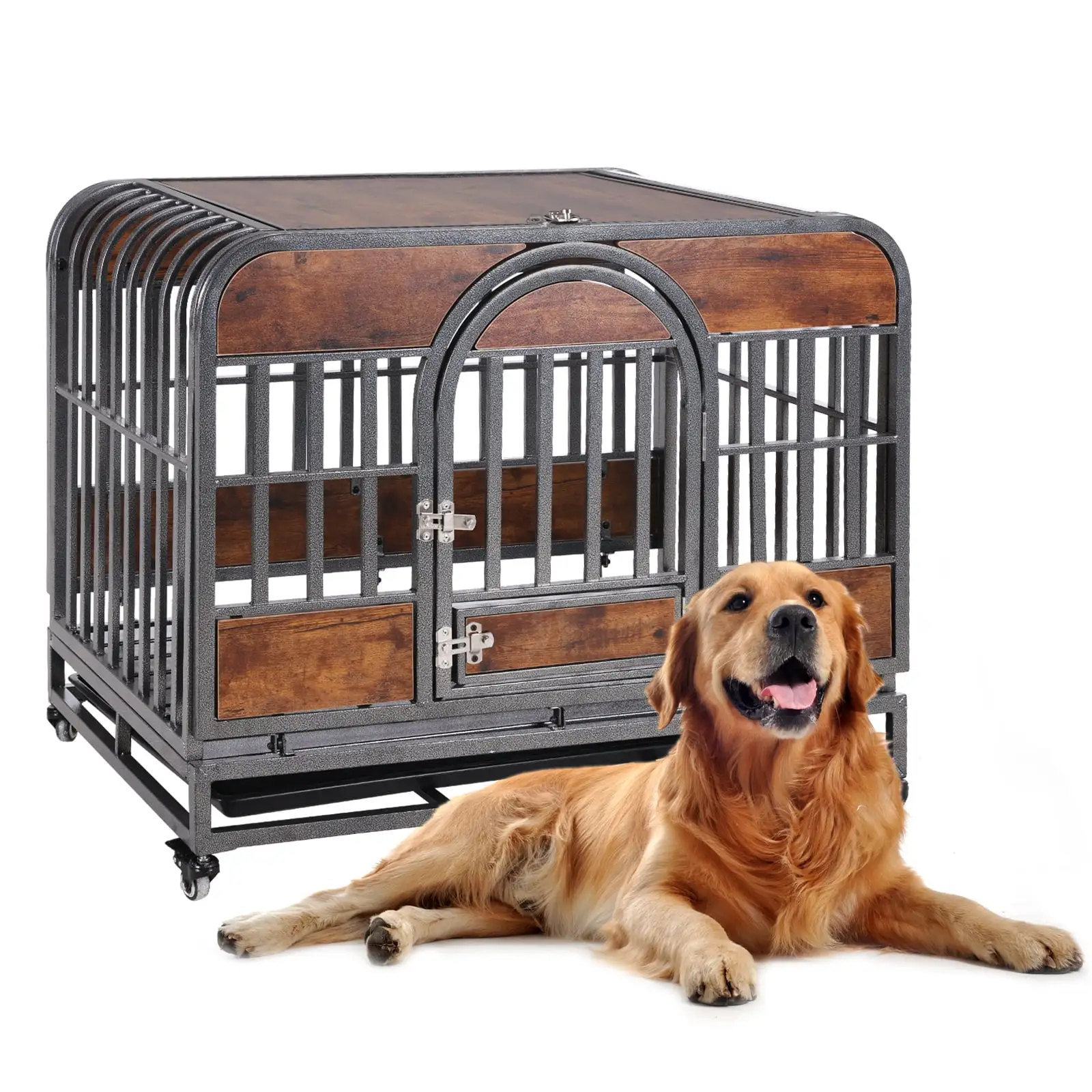 46in Furniture Style Dog Crates With Removable Trays Wheels Indestructible Heavy Duty Dog Kennel High Anxiety Dog Crate For Indoor & Outdoor