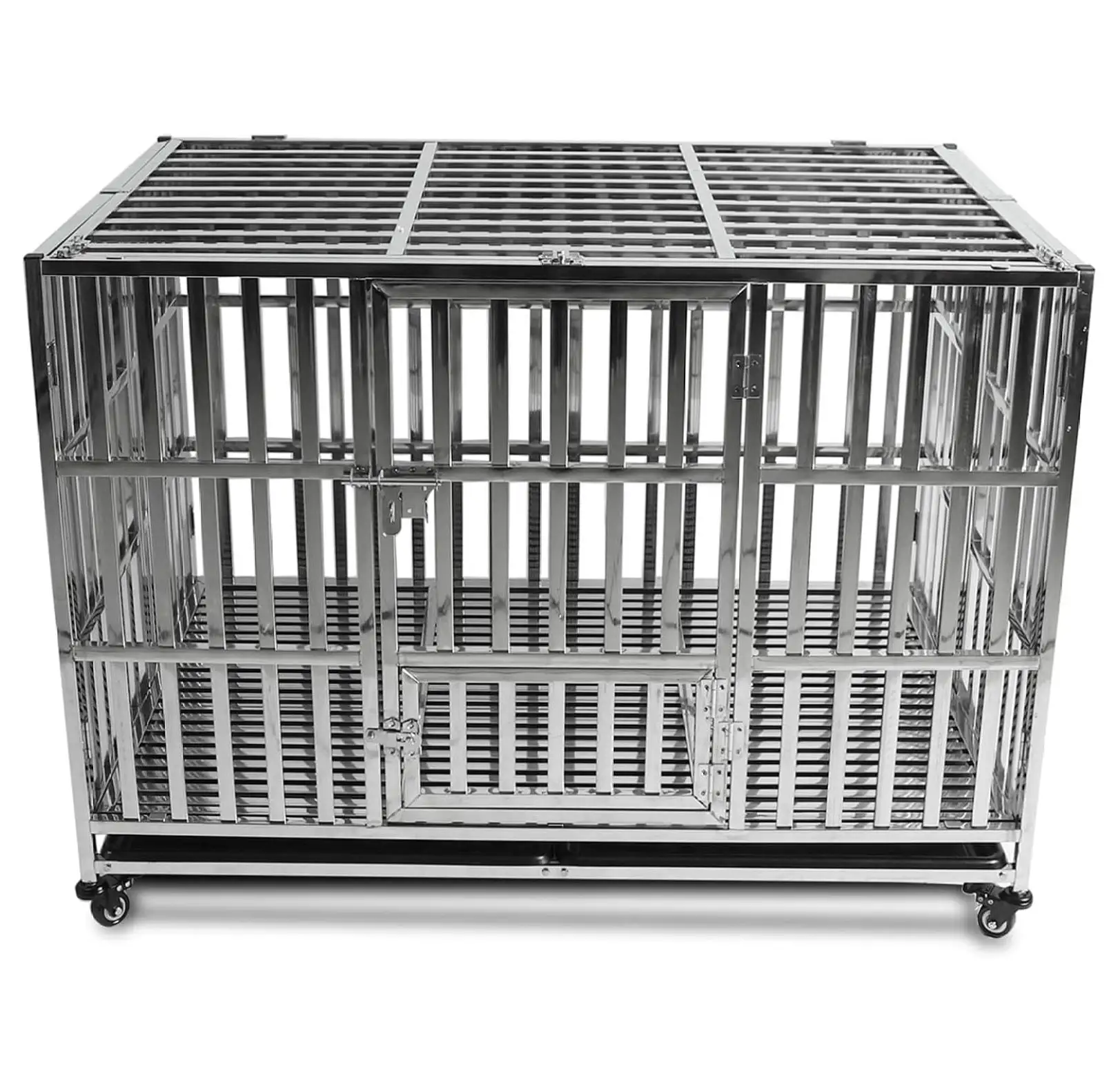 47 INCH Heavy Duty Dog Cage Stainless Steel Pet Crate Kennel with Lockable Wheels & Removable Trays for Large and X-Large Dogs (Stackable)