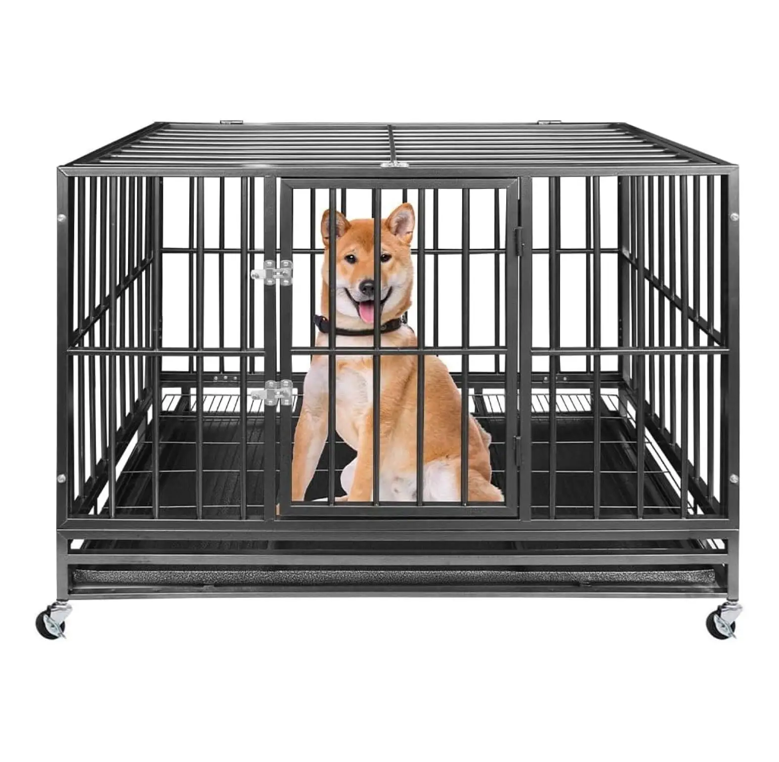 47 Inch Heavy Duty Dog Crate Cage Kennel with Wheels .Strong Metal Crate Kennel Playpen .Black.