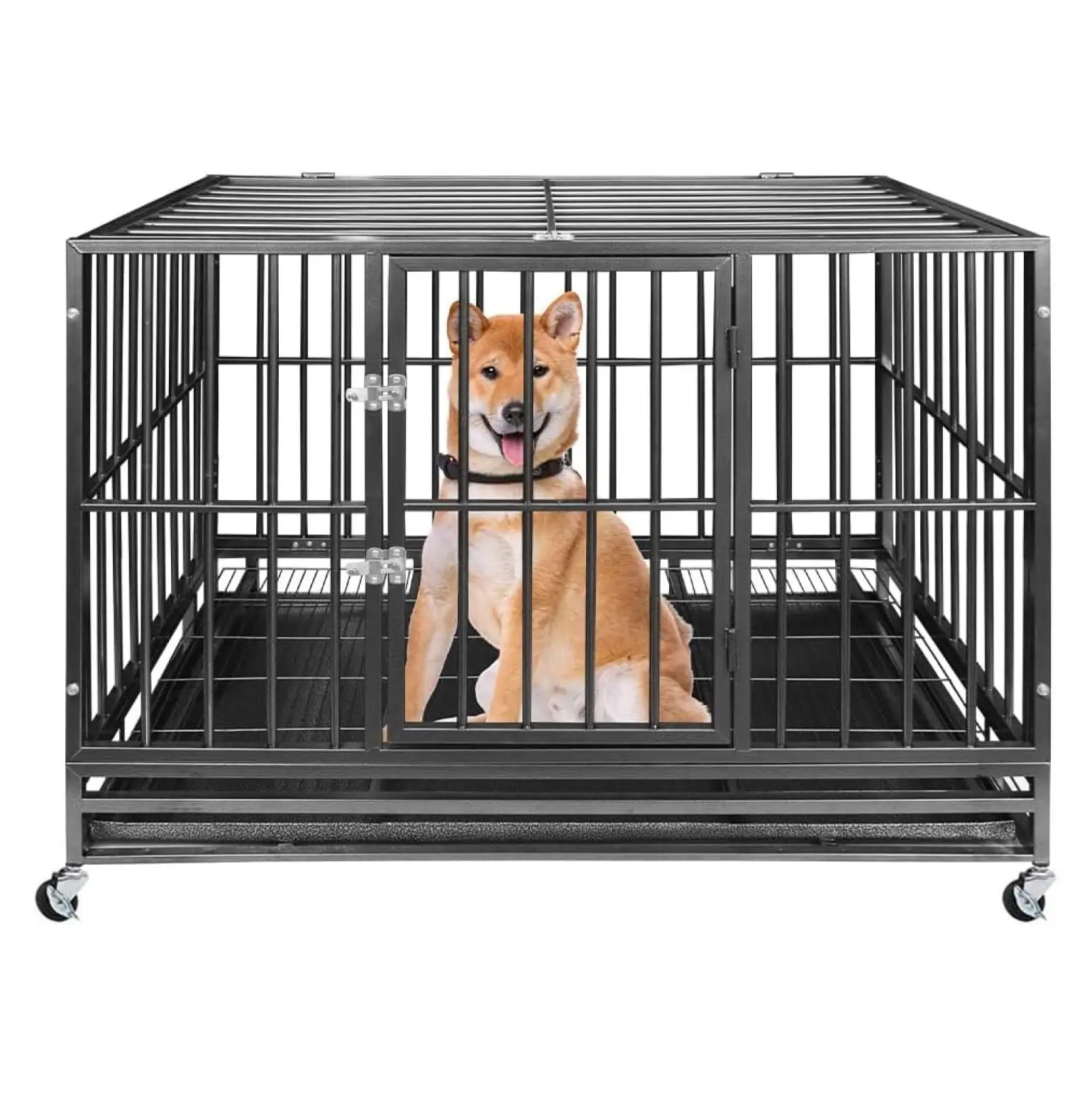 47 Inch Heavy Duty Dog Crate Cage Kennel with Wheels .Strong Metal Crate Kennel Playpen .Black.