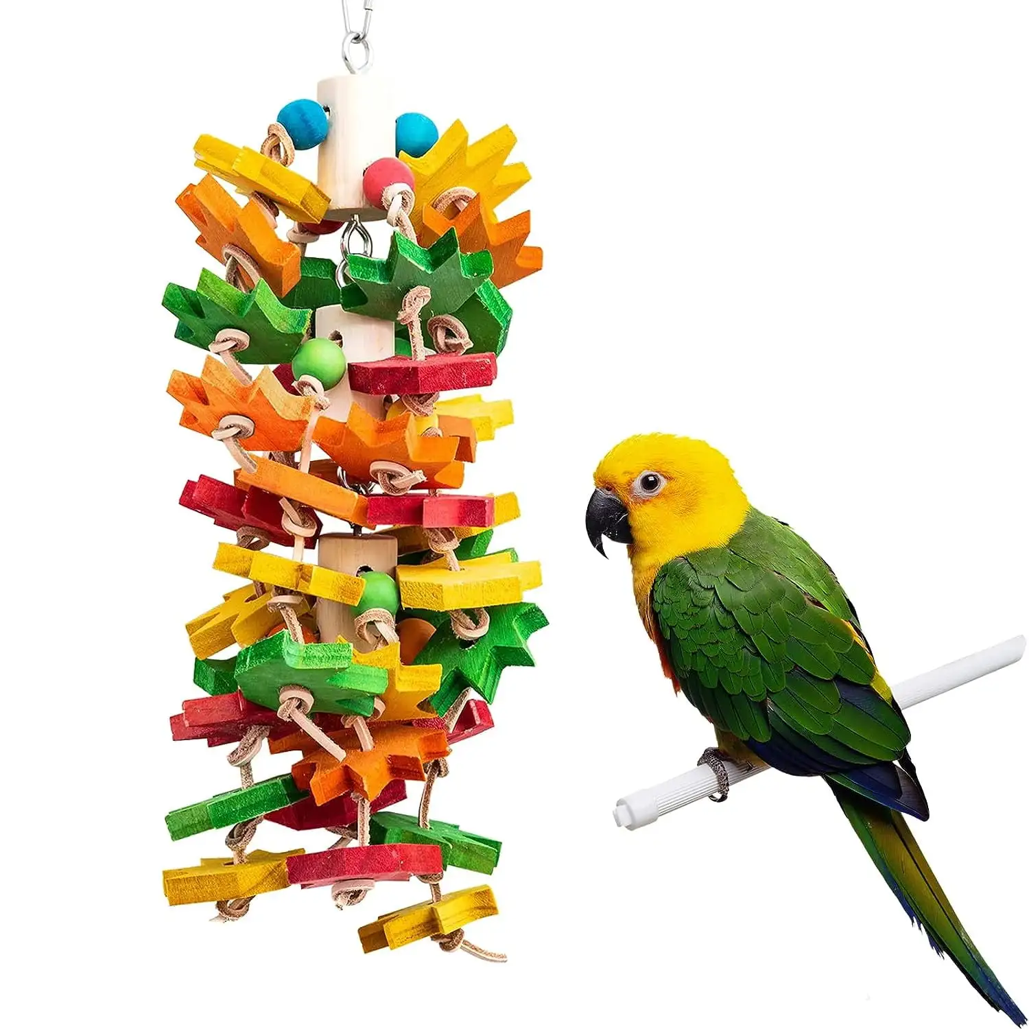 Holzlrgus Parrot Chewing Toy for Large and Small Parrots and Birds. Natural Wood Block Tearing Toy with Multicolored Maple Leaf Design. Beak Trimming Toy for African Grey Cockatoos and Amazon Parrots.