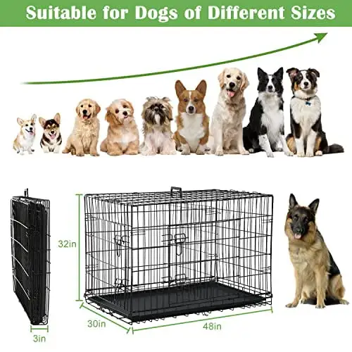 48'' Foldable Metal Wire Dog Crate Double Door. Folding Portable Dog Cage. Collapsible Heavy Duty Extra- w/Leak-Proof Pan/Divider/Handle. Dog Kennel for Extra-Large Dogs Indoor