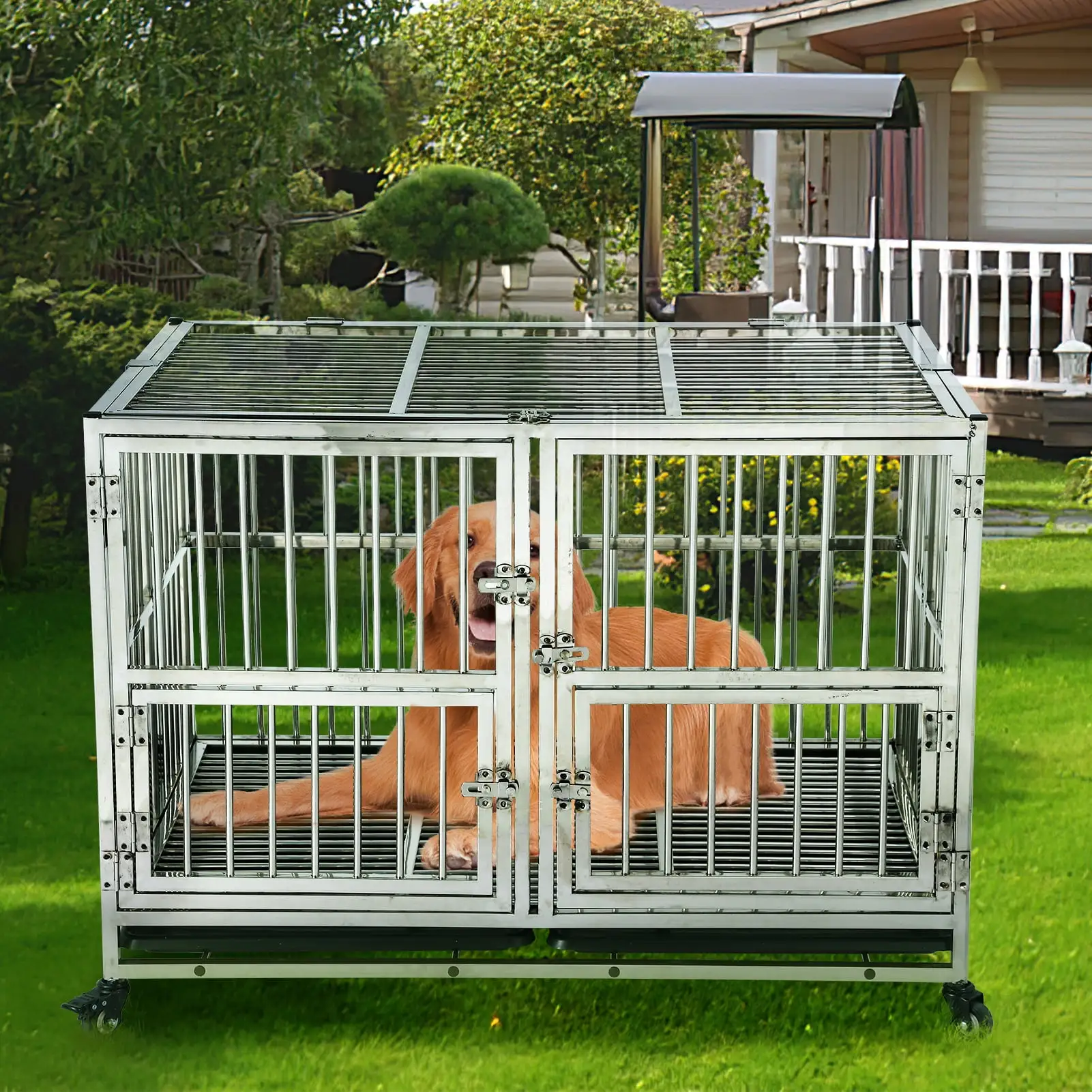 48 Heavy Duty Dog Crate Cage Kennel with Wheels. Full Stainless Steel High Anxiety Indestructible Dog Crate. Sturdy Locks Design. Double Door Small Door Design & Removable Tray Design