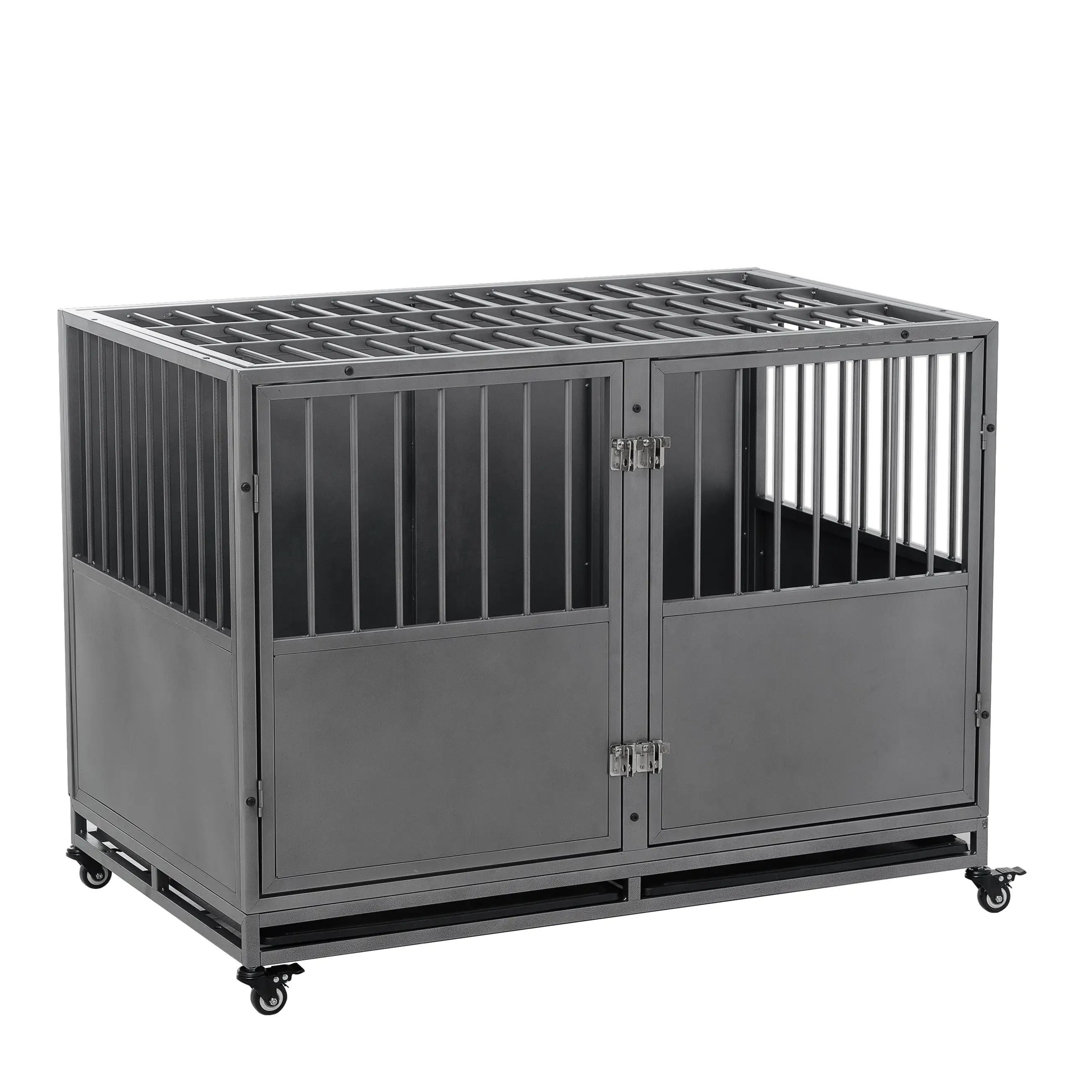 48'' Heavy Duty Stackable Dog Crate for Large Medium Dogs. Metal Pet Cage Kennel Crate Strong Playpen with Sturdy Latches and 4 Lockable Wheels