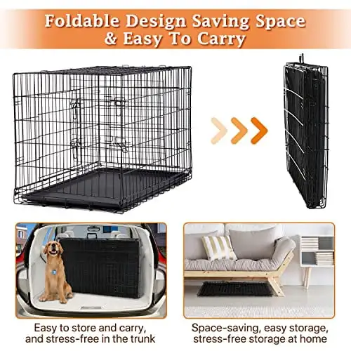 48 Inch Large Dog Crate Dog Kennel Cage Metal Wire Crates Pet Cages Double-Door Foldable Kennels with Handle and Plastic Tray Indoor&Outdoor.Black XXL