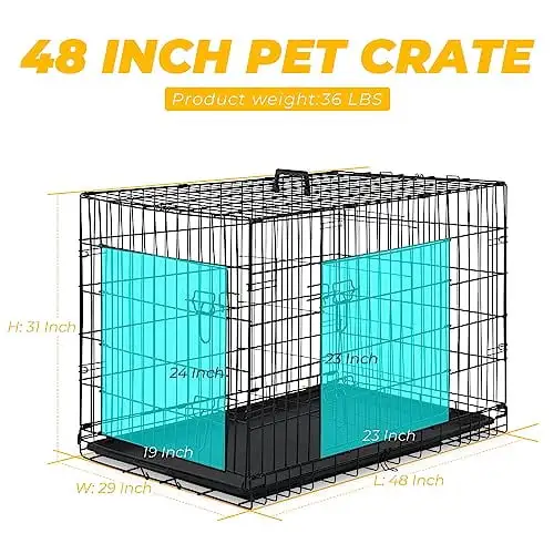 48 Inches Dog Crate Large Foldable Dog Kennel Metal Wire Pet Dog Cage with Double-Door Leak-Proof Tray Divider Panel and Handle for Dog Cat Pet.Black 48X31X29