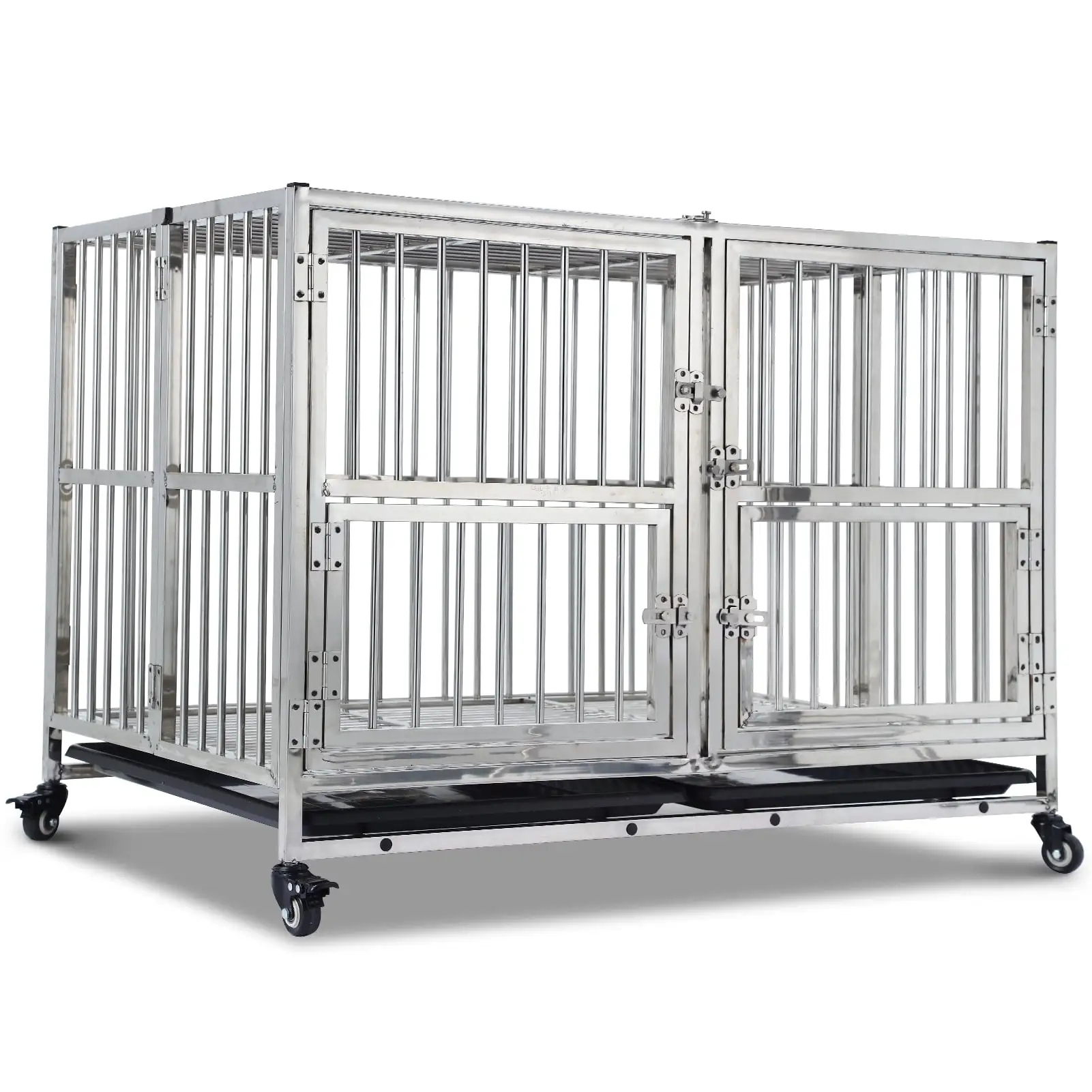 48-in Heavy Duty Dog Crate Cage Kennel with Wheels. Full Stainless Steel High Anxiety Indestructible Dog Crate. Sturdy Locks Design. Double Door Small Door Design & Removable Tray Design Silver