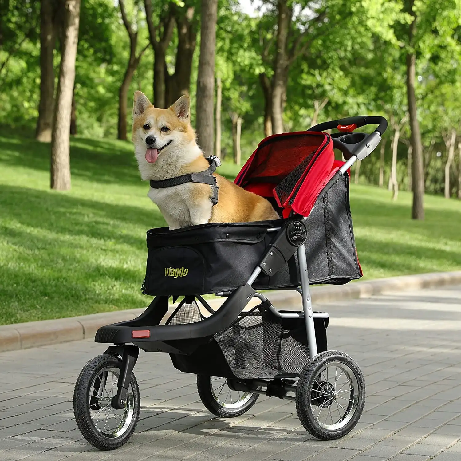 Folding Pet Stroller Dog Cat Travel Carriage with 3 Wheels Adjustable Canopy Zippered Mesh Window Door for Small Medium Dogs & Cats.Red and Black