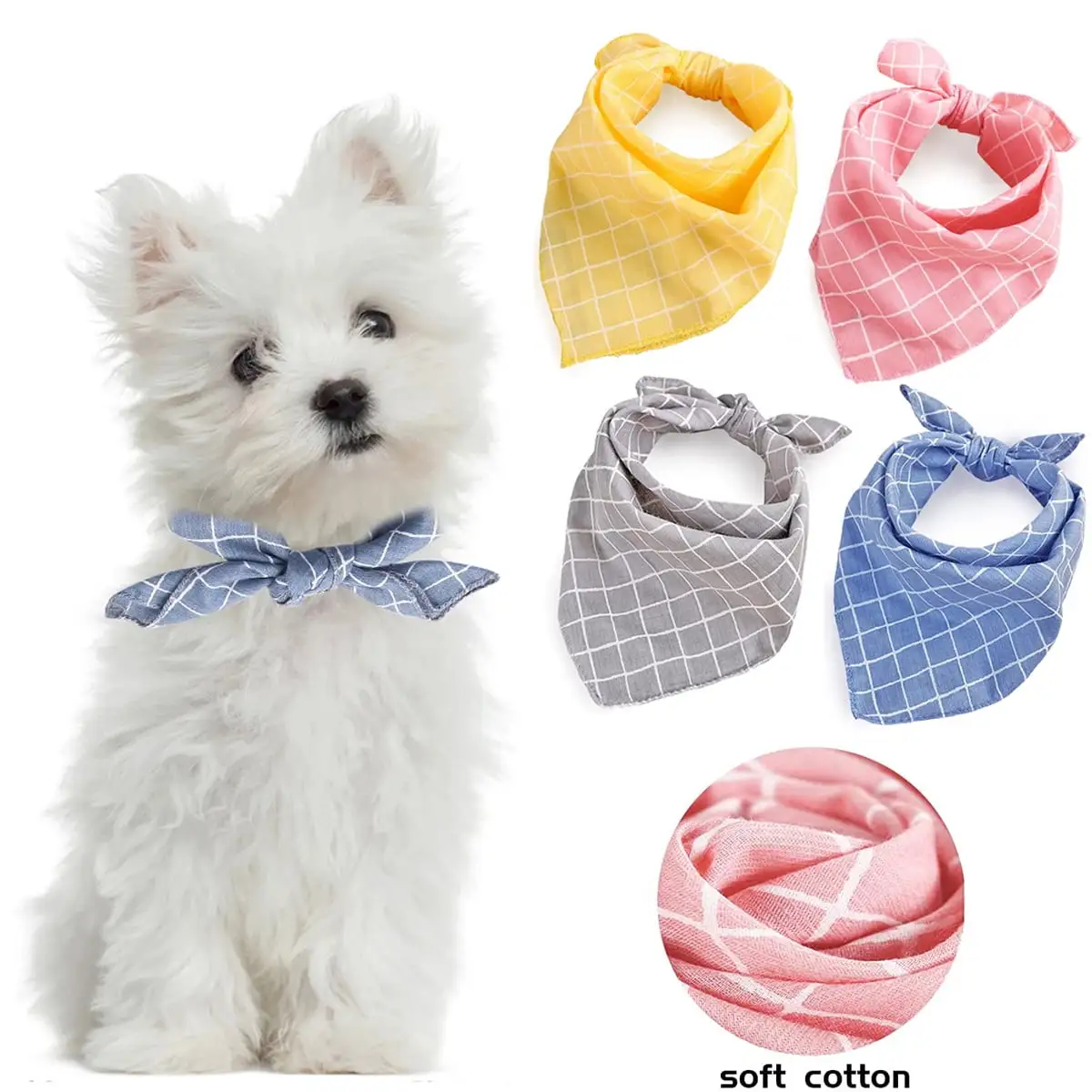 4PCS Pet Bandanas Cotton Washable Dog Bandanas Scarf Bowties Collar Pet Square Bib Dog Neck Scarf