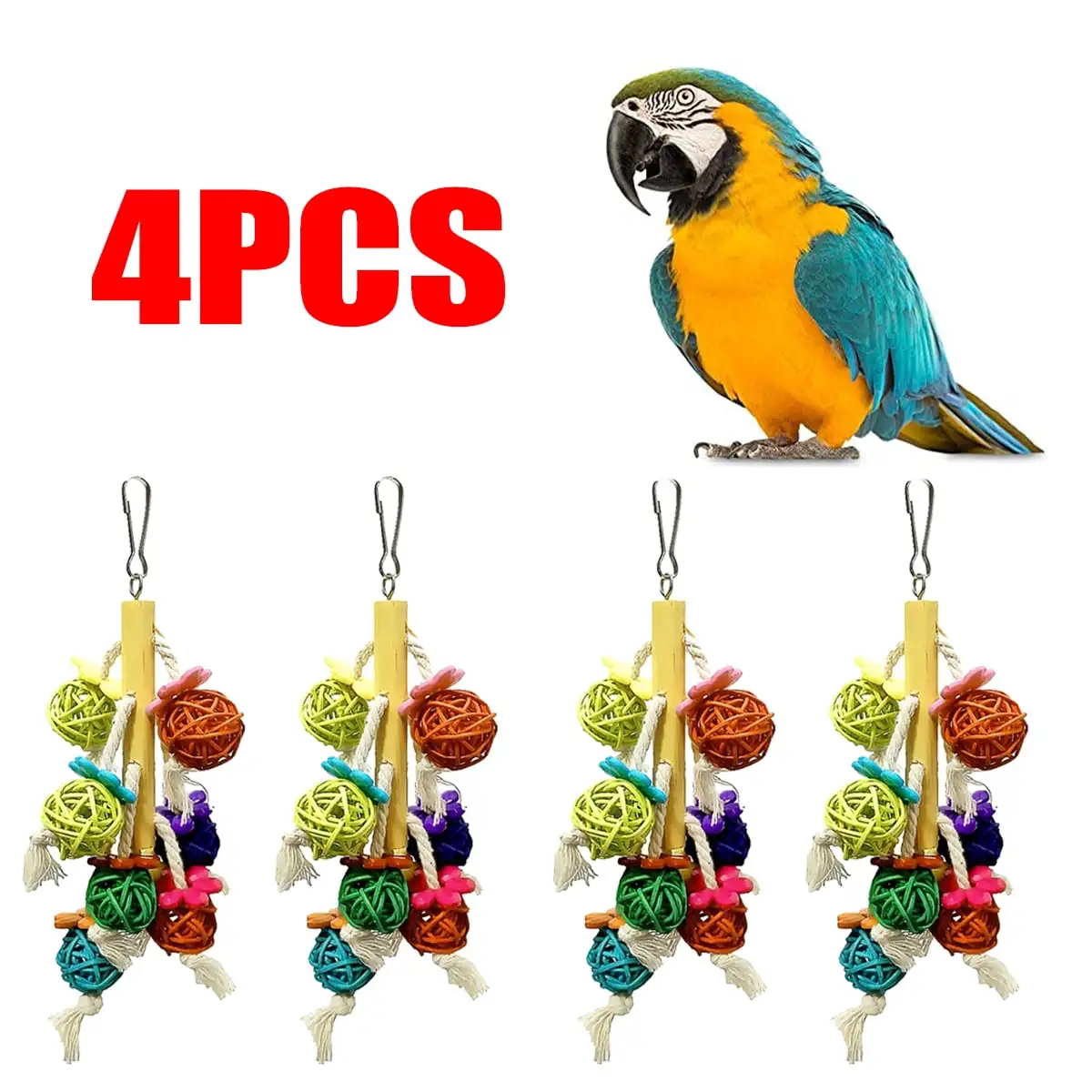 4Pieces Parrot bird toy ornaments takraw wooden parrot toy climbing biting bird cage accessories