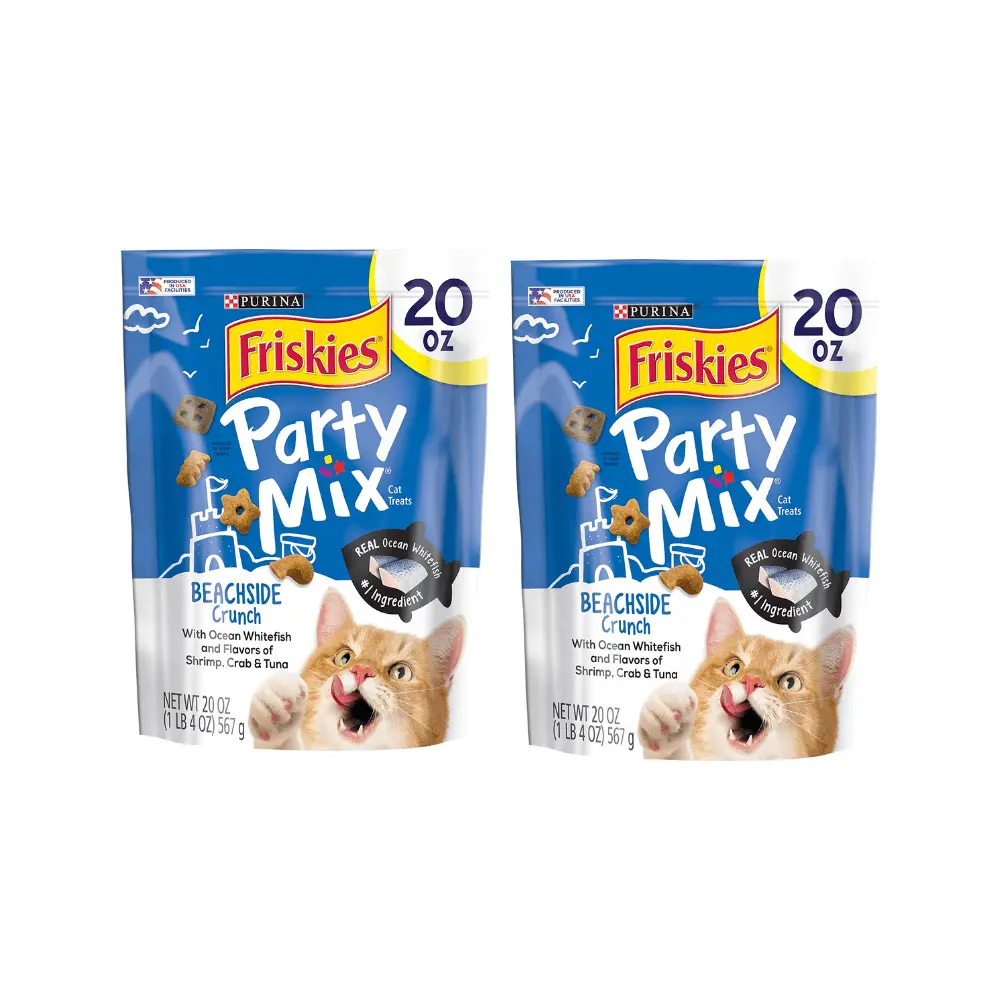 Purina Friskies Party Mix Cat Treats. Beachside Crunch with Ocean Whitefish & Flavors of Shrimp. Crab & Tuna. Cat Treats for Adult Cats. 20 OZ Canister (Pack of 2)