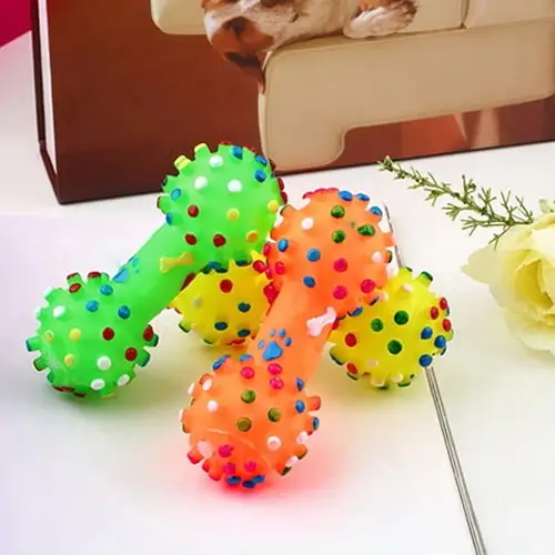 opvise Pet Dog Puppy Cat Sound Polka Dot Squeaky Rubber Dumbbell Bone Chewing Toy Sent at Random