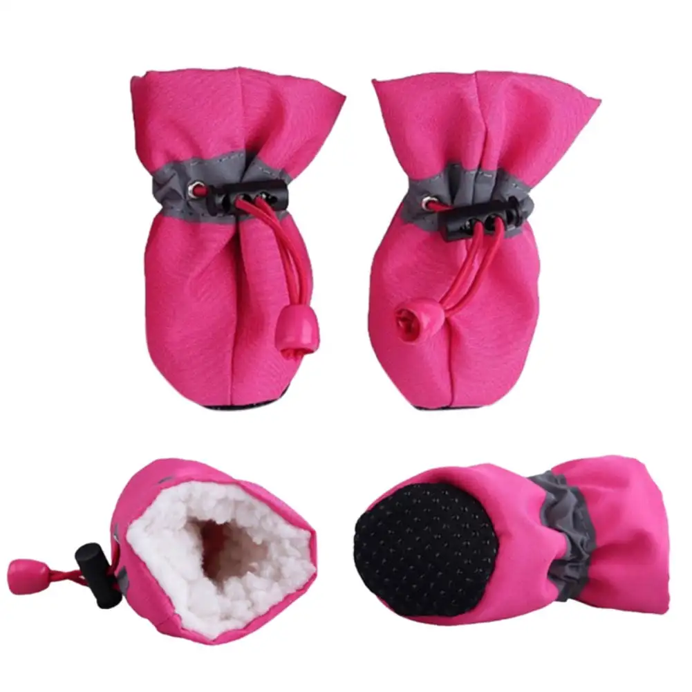 4pcs Waterproof Winter Pet Dog Shoes Anti-slip Rain Snow Boots Footwear Thick Warm for Small Cats Dogs Puppy Dog Socks Booties Rose Red XXL