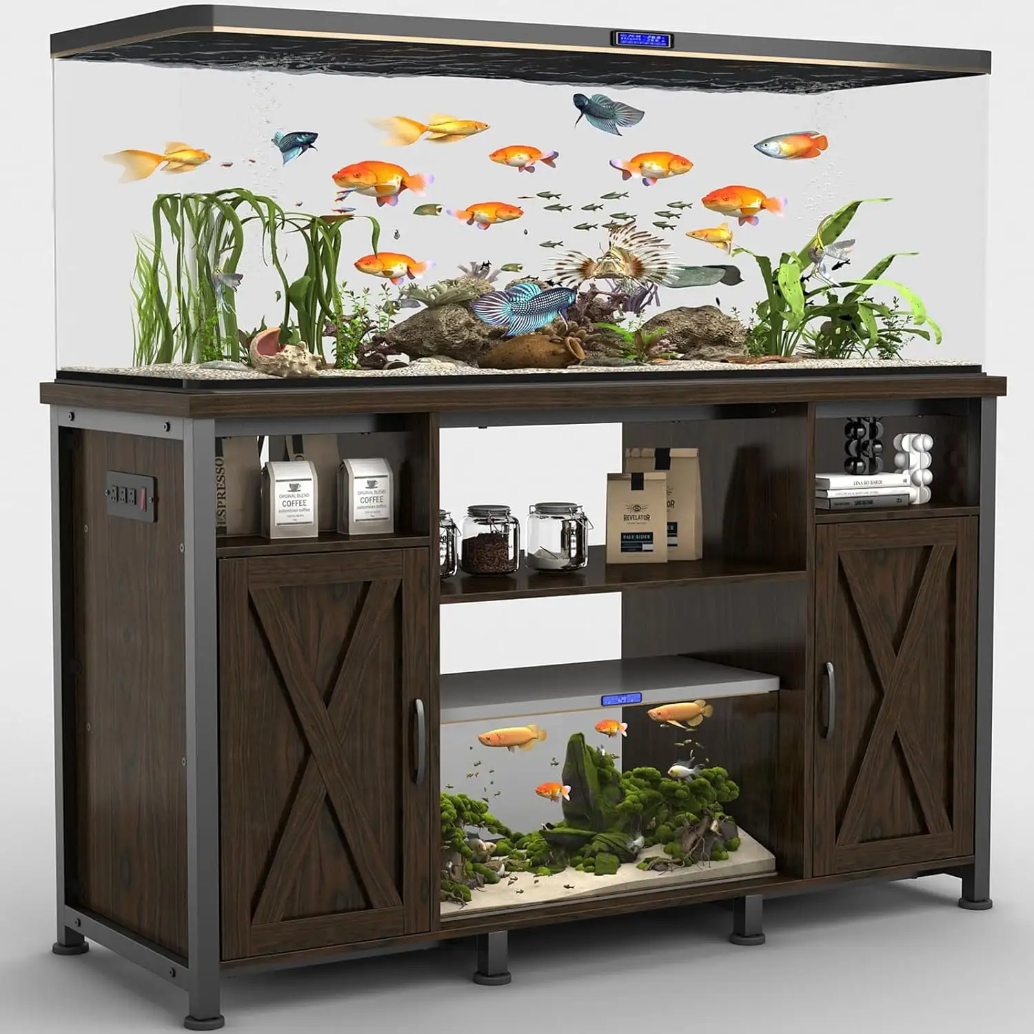 50-75 Gallon Fish Tank Stand with Power Outlets. Linor Heavy Duty Metal Aquarium Stand with Cabinet for Fish Tank Accessories Storage. 52 x 19.7 Tabletop. 880lbs Capacity (Two Door. Upgraded)