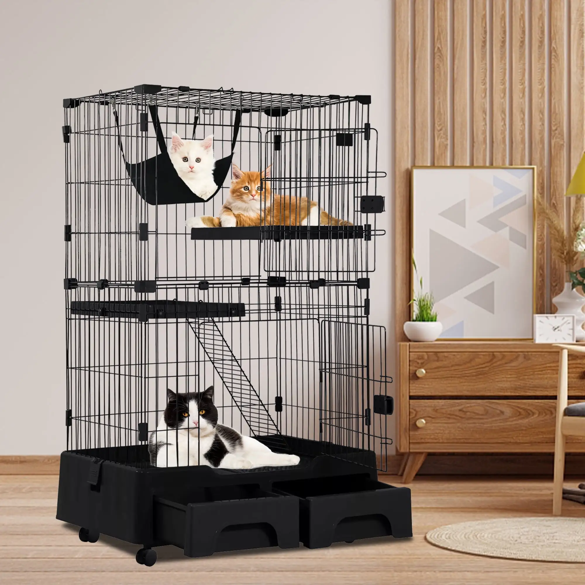 YRLLENSDAN 52 Large Cat Cage with Litter Box Inside. Cat Cages and Playpens Indoor with Wheels Cat Crate large Cat Kennel with Hammock/2 Cat Bed/2 Front Doors/Ramp Ladder/Storage Case