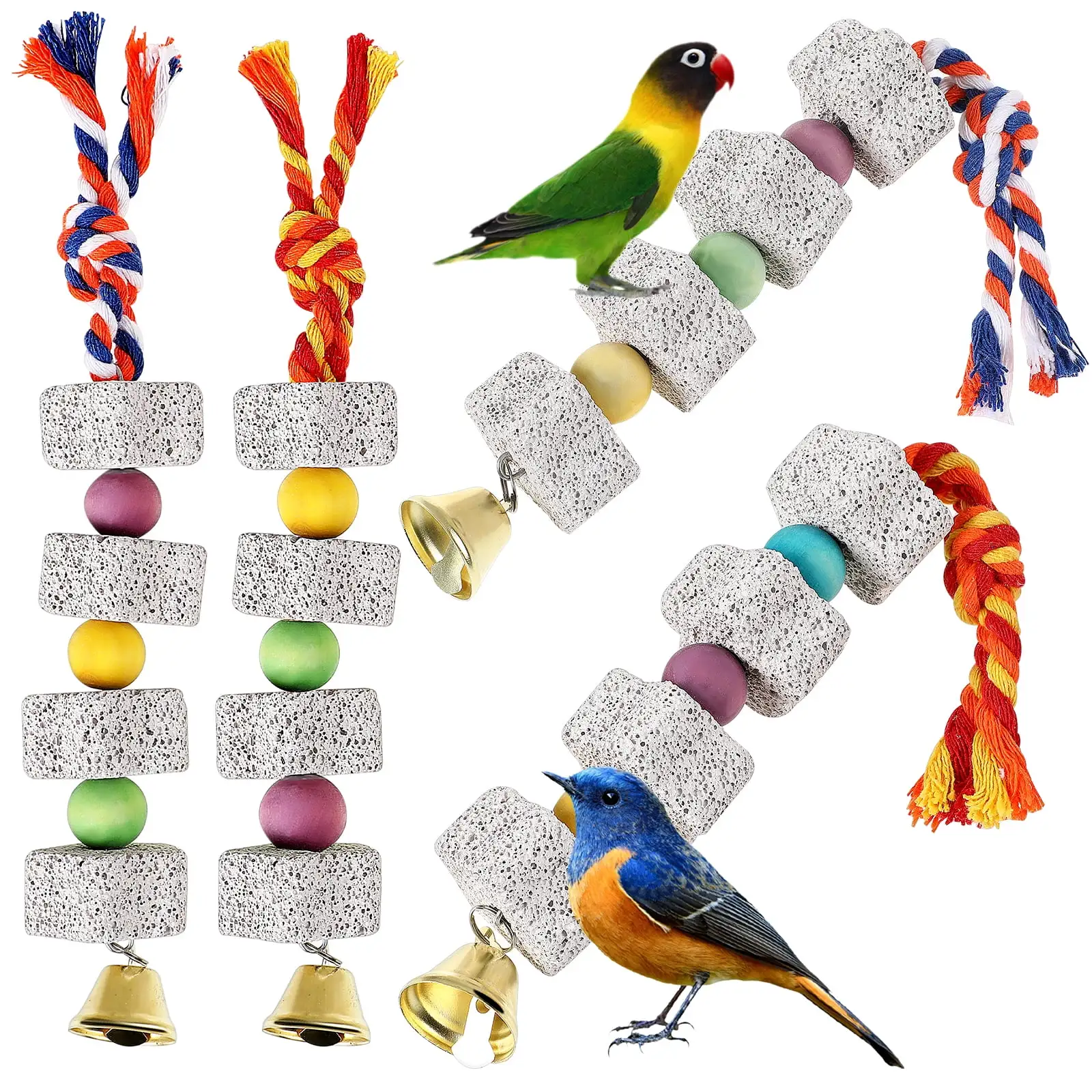 4 Pcs Parrot Chewing Toys Bird Beak Grinding Stone Toys with Bells for Parakeet Conure Cockatiel Hamster