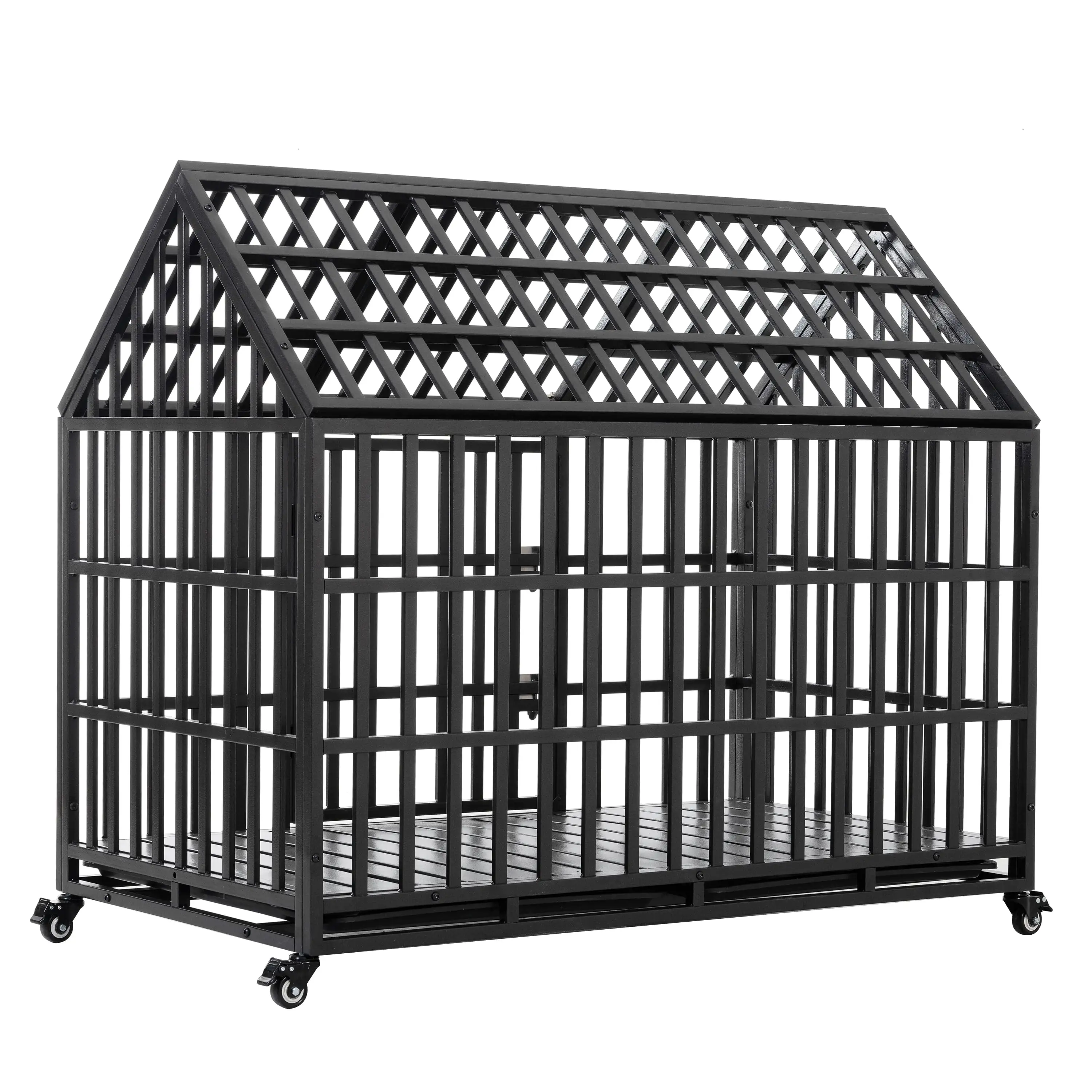 52'' Heavy Duty Dog Crate for Large Medium Dogs. Metal Pet Cage Kennel Crate Roof Strong Playpen with Sturdy Latches and 4 Lockable Wheels