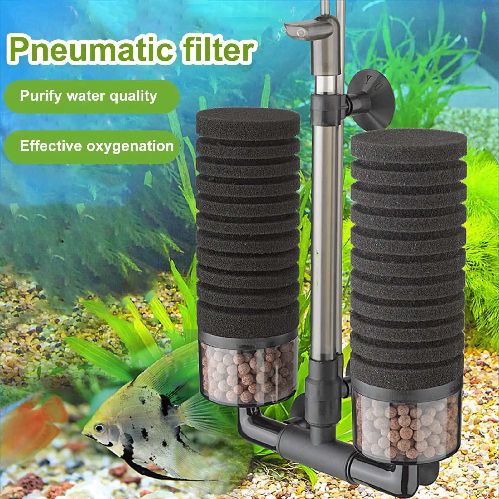 UDIYO 1 Set Fish Tank Filter Double Head Purify Water Effective Oxygenation Rapid Culture Bio-chemical Sponge Air Pump Filter for Aquarium