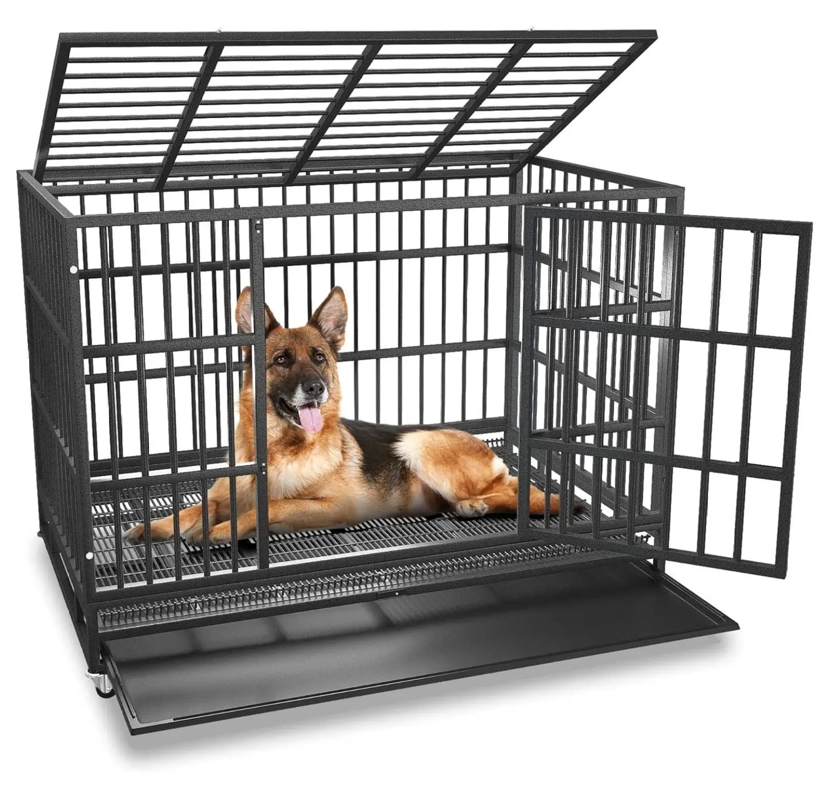 54//38 inch Heavy Duty Indestructible and Escape-Proof Dog Crate Cage Kennel for Large Dogs. High Anxiety Dog Crate with Removable Crate Trays. Wheels and Double Door. Extra Large XL XXL