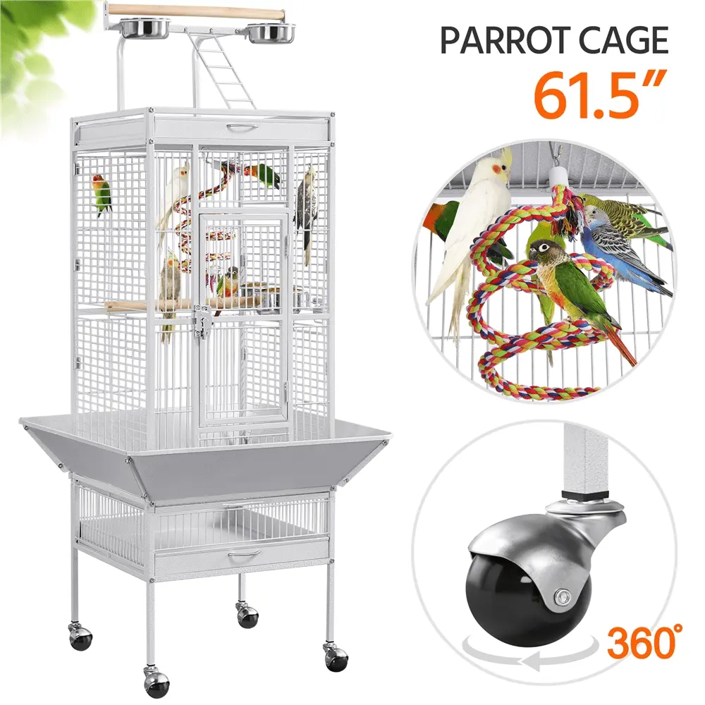 Topeakmart 61.5'' Play Top Parrot Cage Rolling Metal Birdcage Hammered White