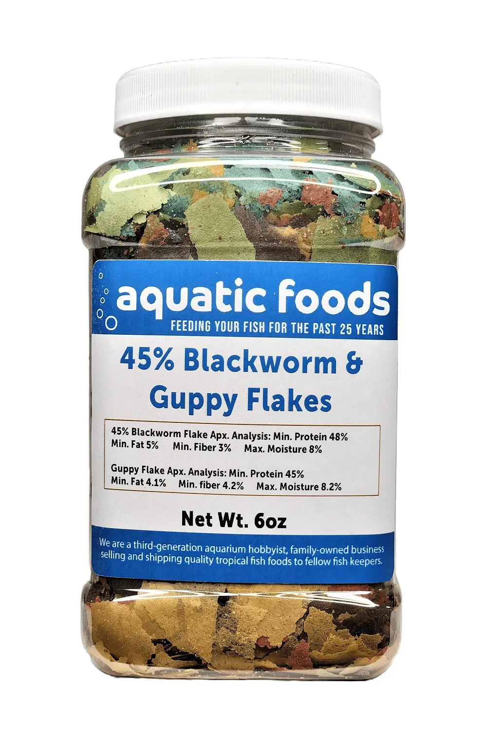 45% Blackworm & Guppy Premium Flakes for Guppies and All Community Tropical Fish. Aquatic Foods Flakes a?|6oz Med Jar