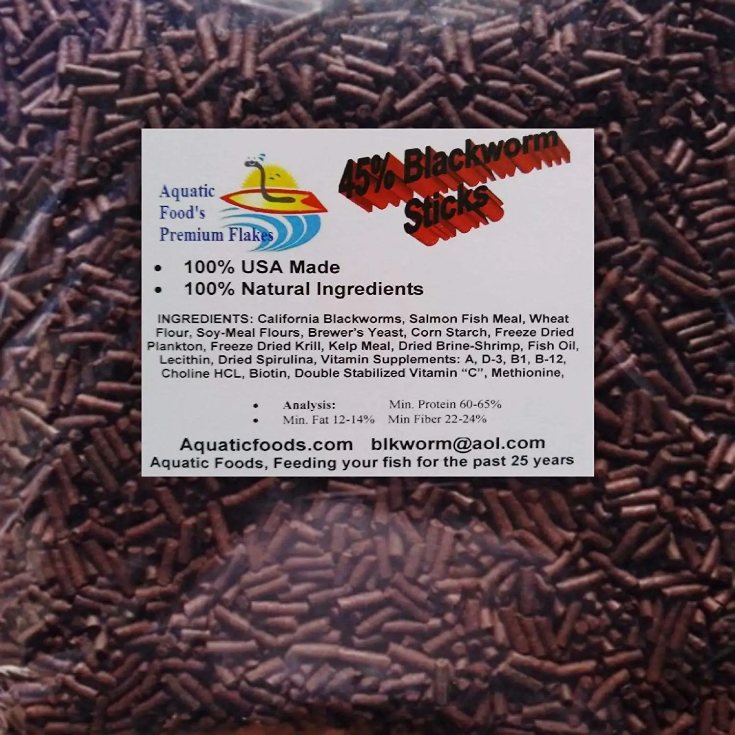 Aquatic Foods 45% California Blackworm Sinking Sticks. Perfect for Discus. Cichlids & ALL Tropical Fish - 1/2-lb