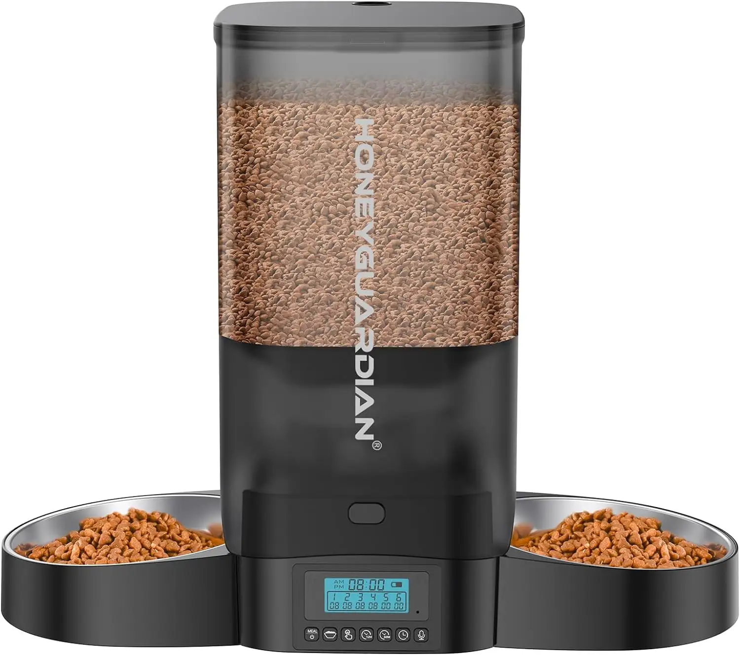 5L Automatic Cat Feeder for Two Cats. Cat Food Dispenser with Stainless Steel Bowl.Timed Cat Feeder Programmable 1-6 Meals Control. Dual Power Supply.Desiccant Bag.10s Meal Call