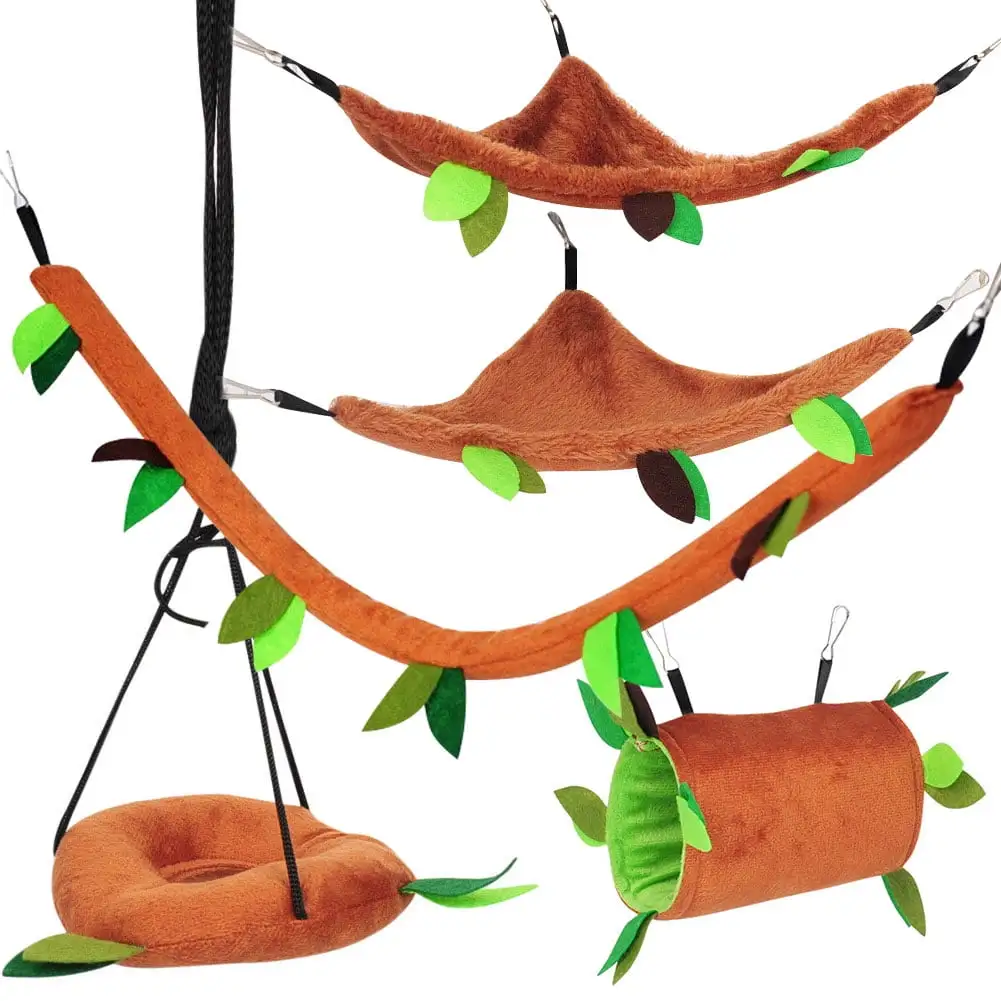 5Pcs/Set Pet Warm Plush Hanging Tunnel & Double Tier Hammock Cage for Ferret Guinea Pig Chinchilla Squirrel Rat Hamster