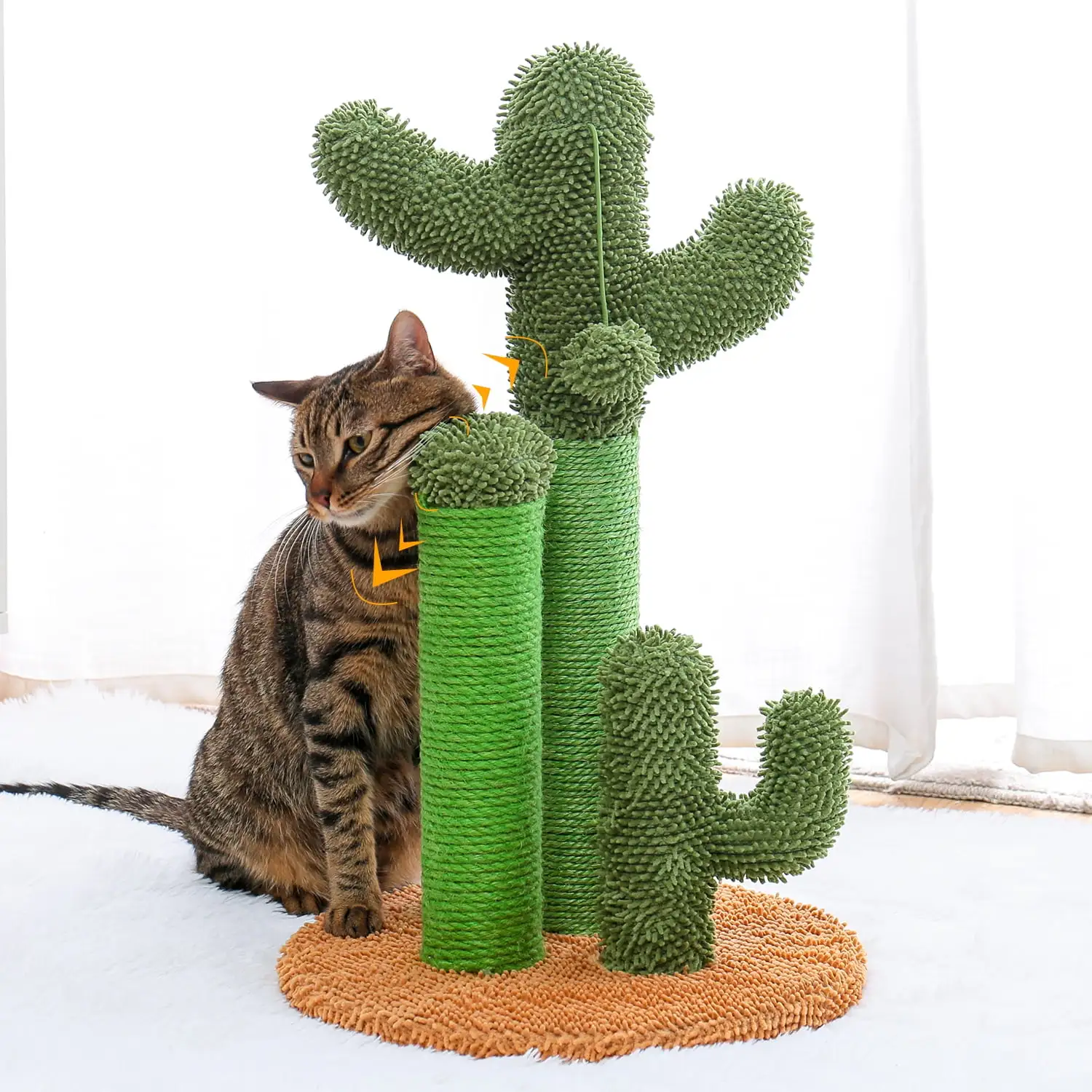 Pefilos 27 Cat Scratching Post for Adult Cats Cactus Cat Scratcher for Large Cats Featuring with 3 Scratching Poles and Interactive Dangling Ball Cat Tree for Indoor Cats. L