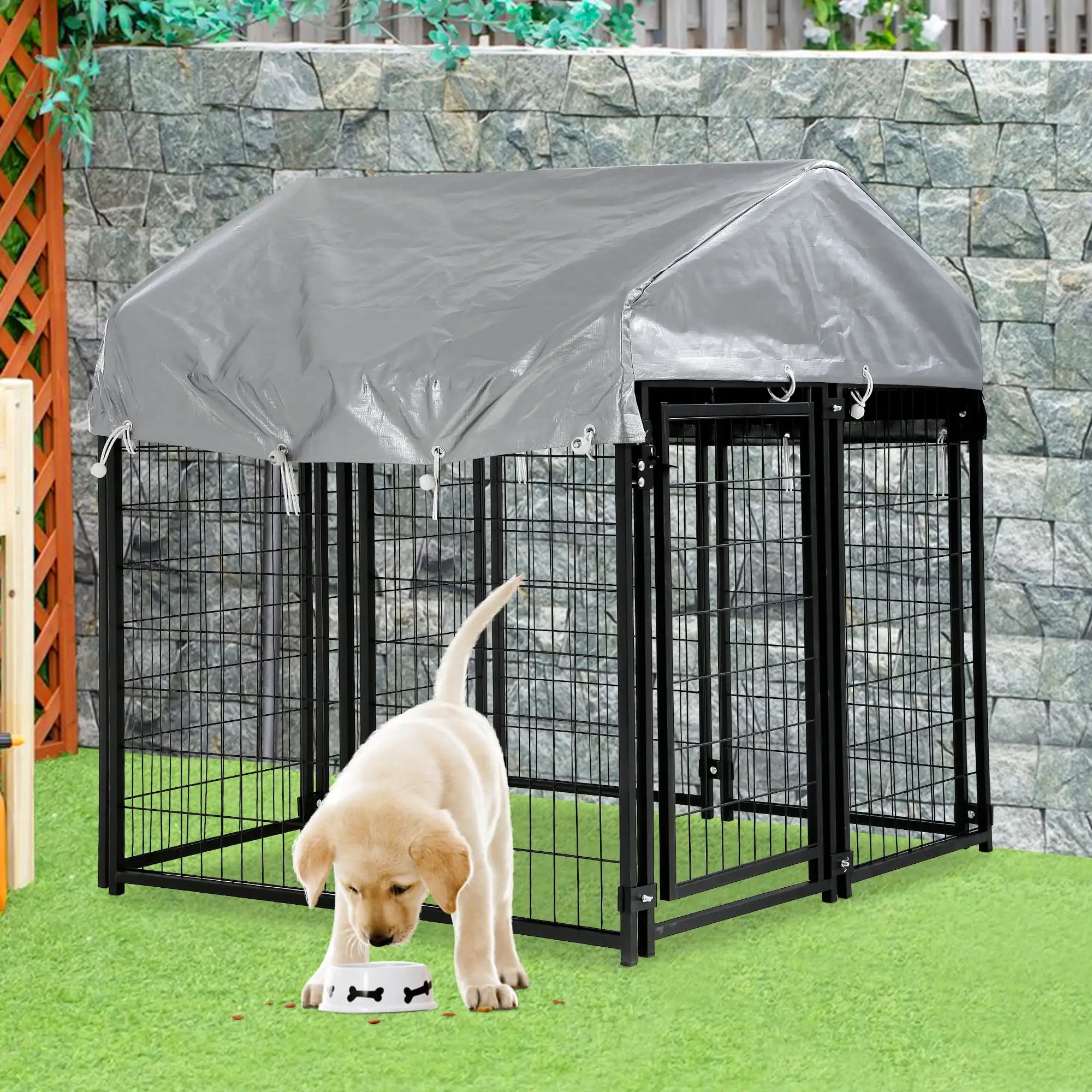 4 x 4 x 4.4 Ft Heavy Duty Large Dog Kennel Outside. Outdoor Dog Pen for Outside with UV Protection Waterproof Cover and Roof Metal Welded Dog Crate 6ft Tall Dog Playpen House for Large Dogs