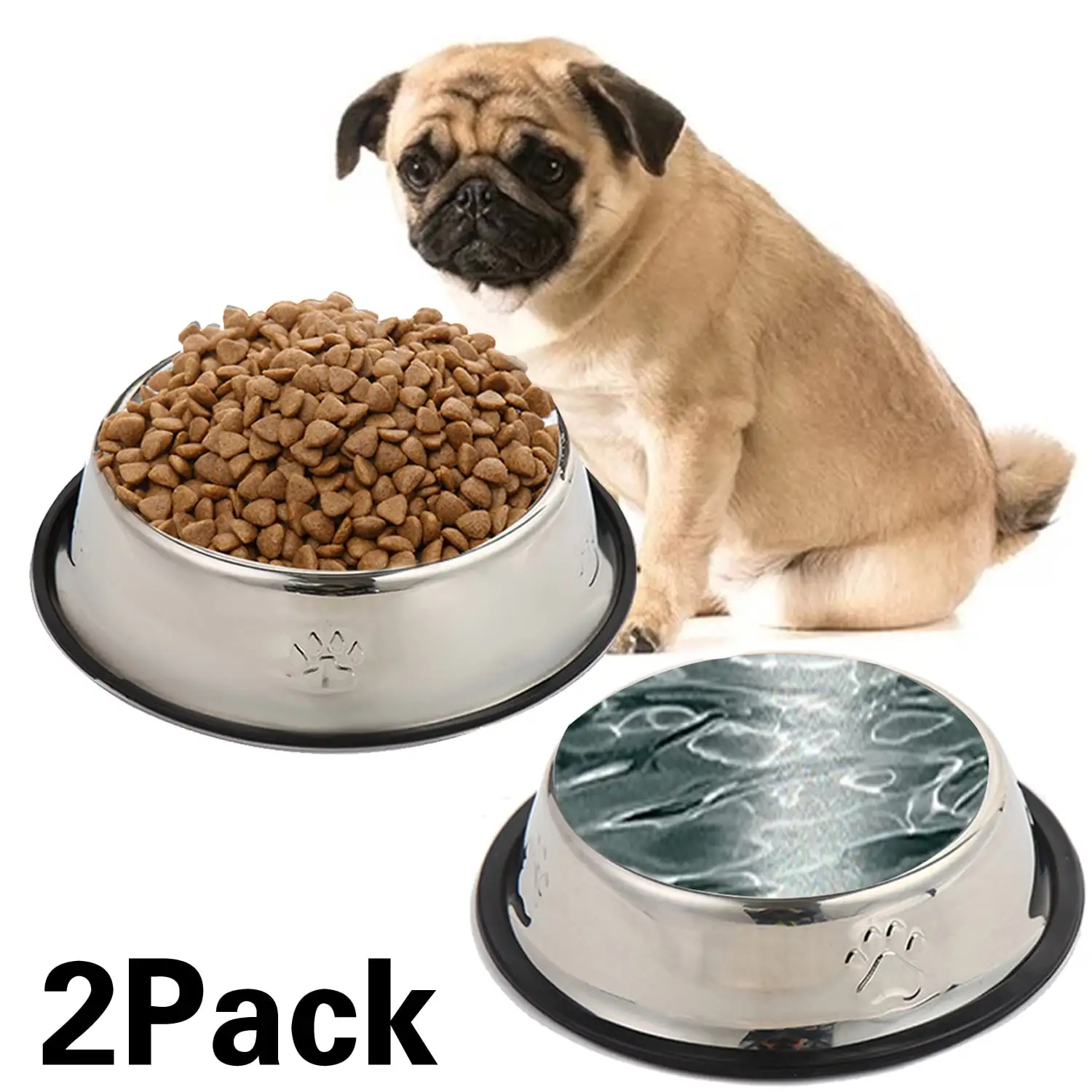 2 Pack Stainless Steel Dog Bowl with Rubber Base for Food and Water for Small/Medium/Large Dogs or Cats Pet Food Container. Perfect Dog Bowls Choice.16cm