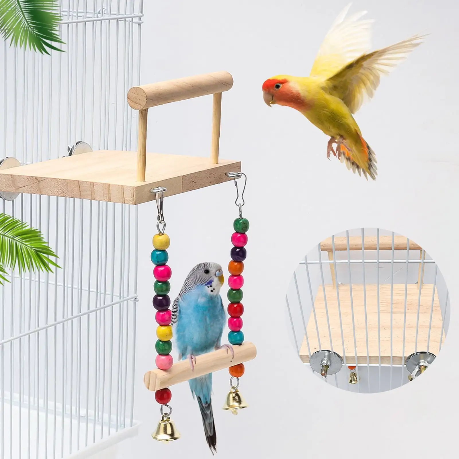 Wharick Parrots Bird Swing Toy Wood Platform Colorful Beads Bird Perch Hanging Swing Toy with Bells . for Budgie. Cockatiel. Rat. Conure. Lovebirds Cage Accessories