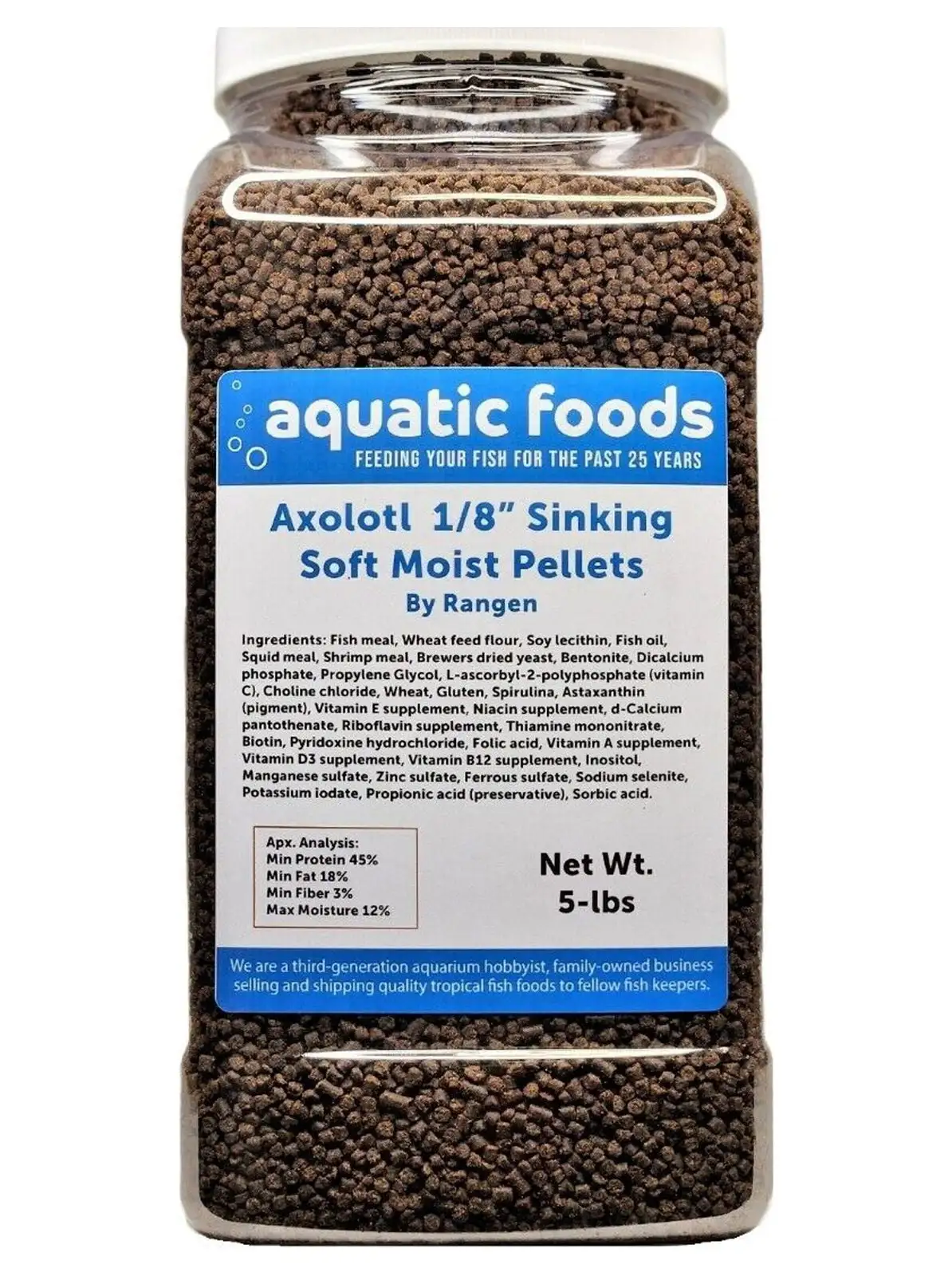 Axolotl Food 1/8 Soft Moist Sinking Rangen Salmon Pellets for Juvenile Axolotl also Shrimp. Snails. Crabs. Crayfish. Bottom Tropical Fish...5-lb Lg Jar