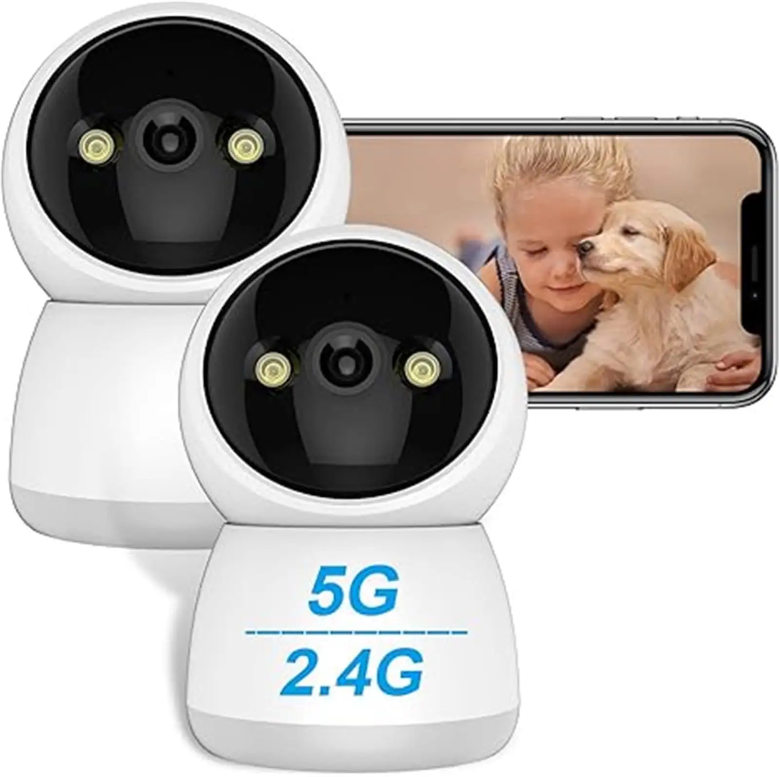 5ghz WiFi Security Camera Indoor.2K Dog Camera with Phone App. 360?? Pan/Tilt View Baby and Pet Monitor. One-Touch Call. 2-Way Talk. Motion Tracking Alarm. Local/Cloud Storage 2Pack