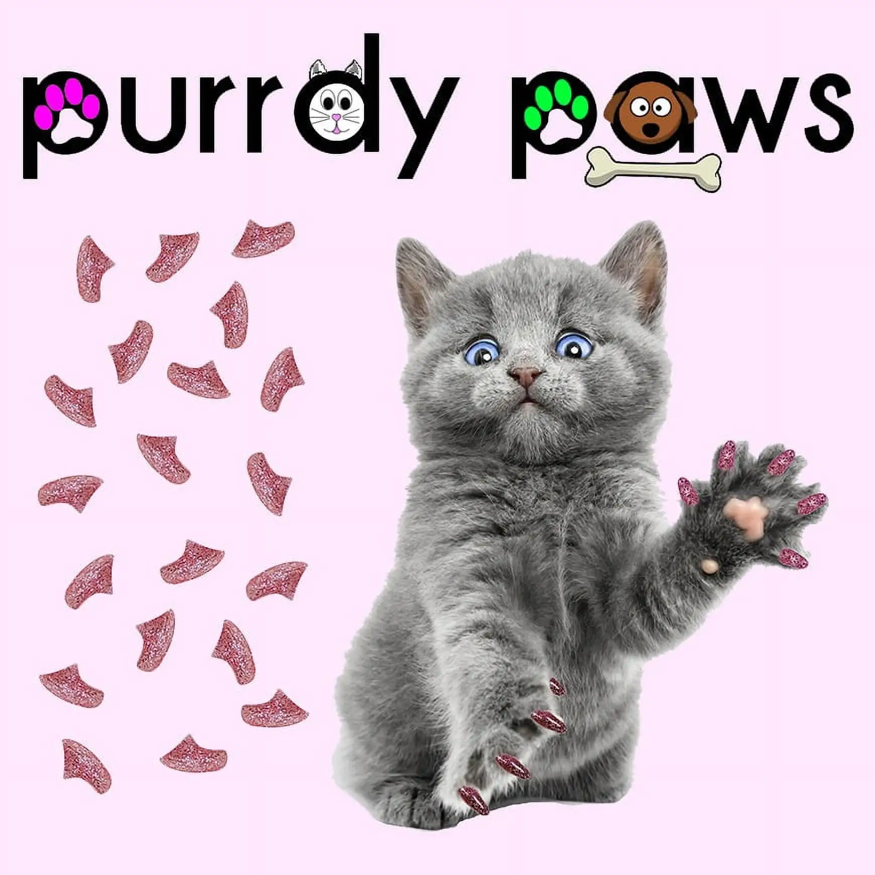 6 Month Supply - Purrdy Paws Pink Glitter Soft Nail Caps for Medium Cats Claws - Extra Adhesives