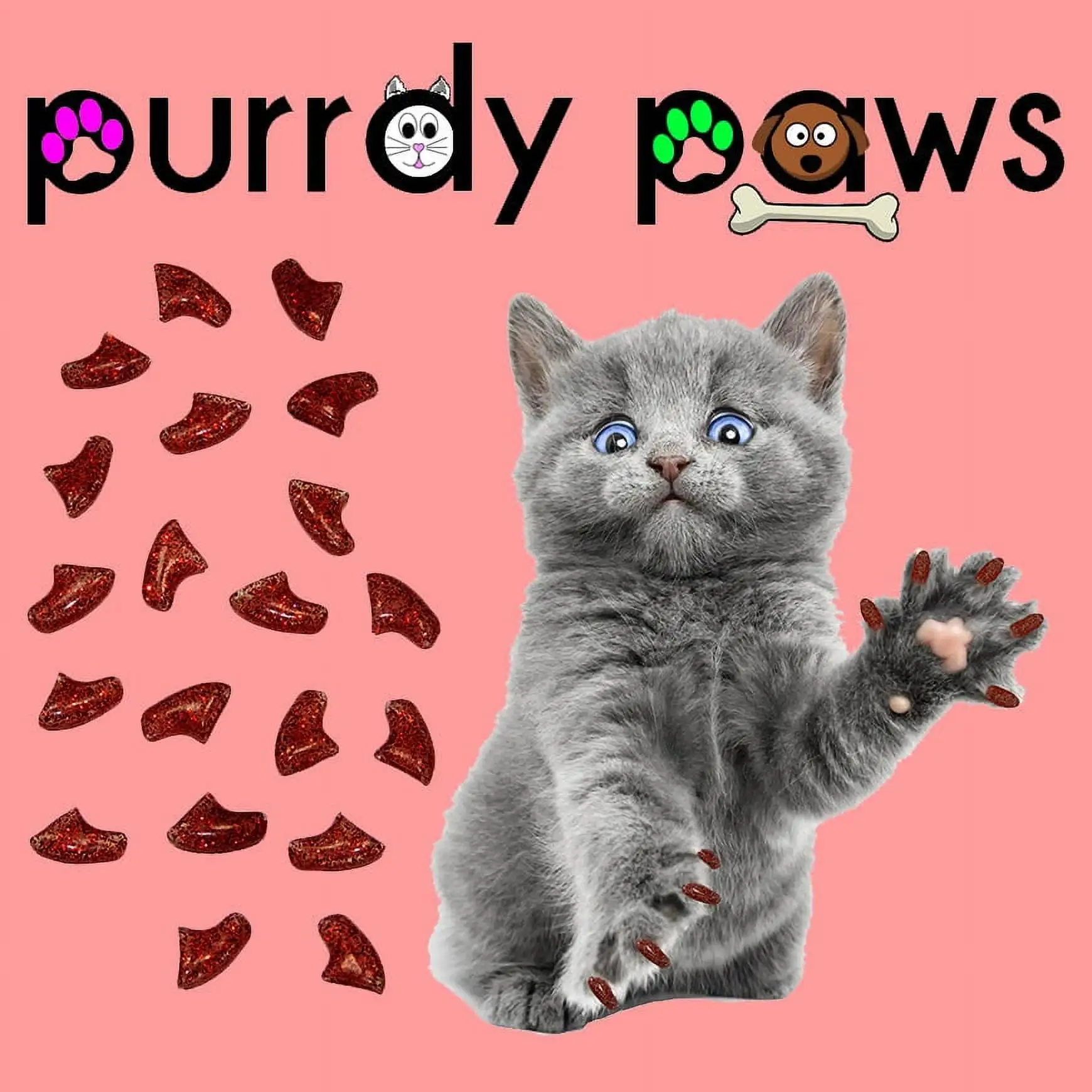 6 Month Supply - Purrdy Paws Ruby Red Glitter Soft Nail Caps for Medium Cats Claws - Extra Adhesives