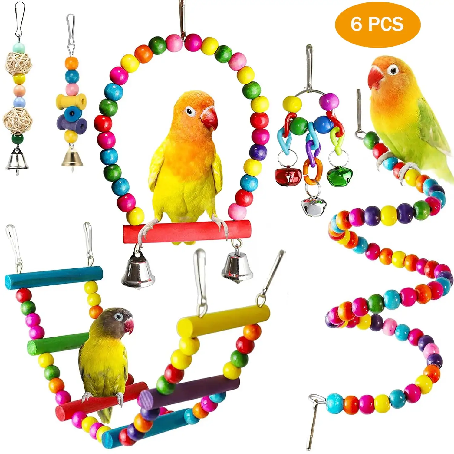 6 Pack Bird Parrot Toys Parakeet Toys. Colorful Bird Chewing Toys Swing Toy Hanging Toy Bird Cage Toys or Small Parakeets Cockatiels. Conures. Macaws. Parrots. Love Birds. Finches