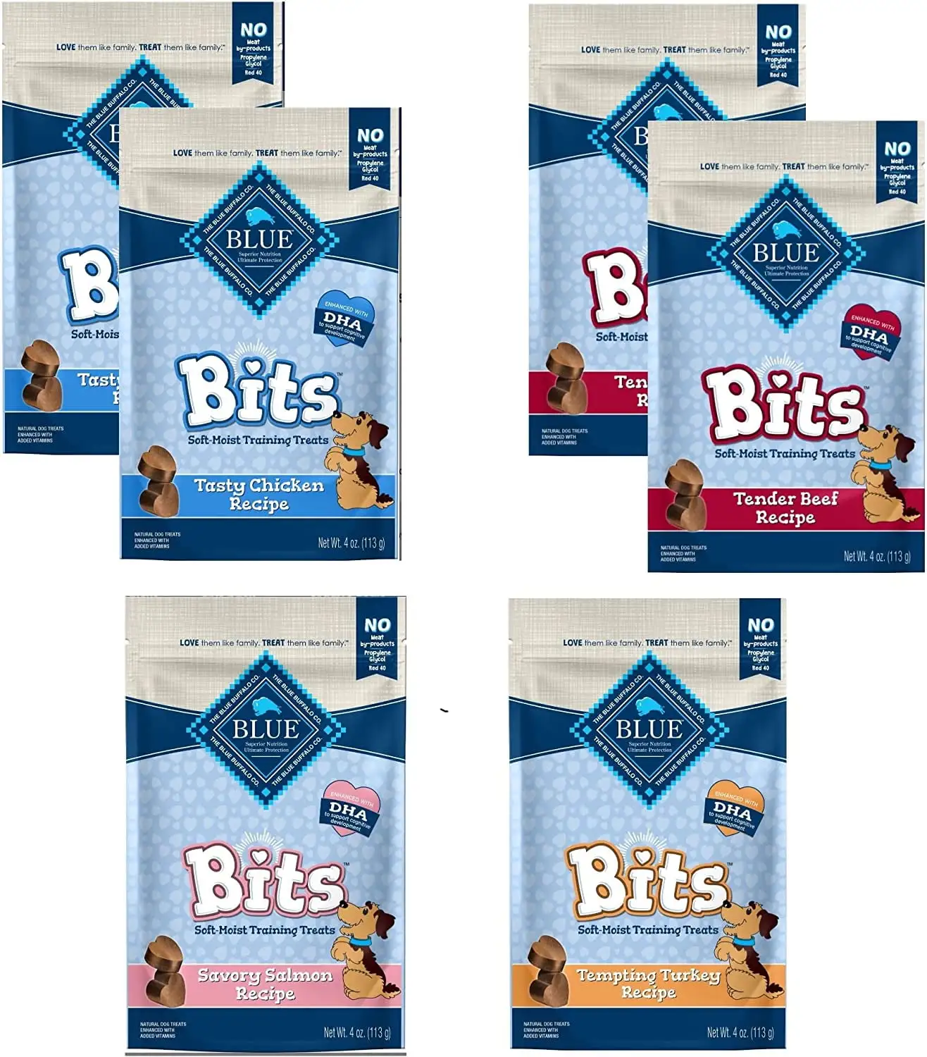 (6 Pack ) BlueBits Treats Dog Pouches. 4 Flavors ( 2 Tasty Chicken. 2 Tender Beef .1 Savory Salmon. 1 Tempting Turkey). 4 Oz??