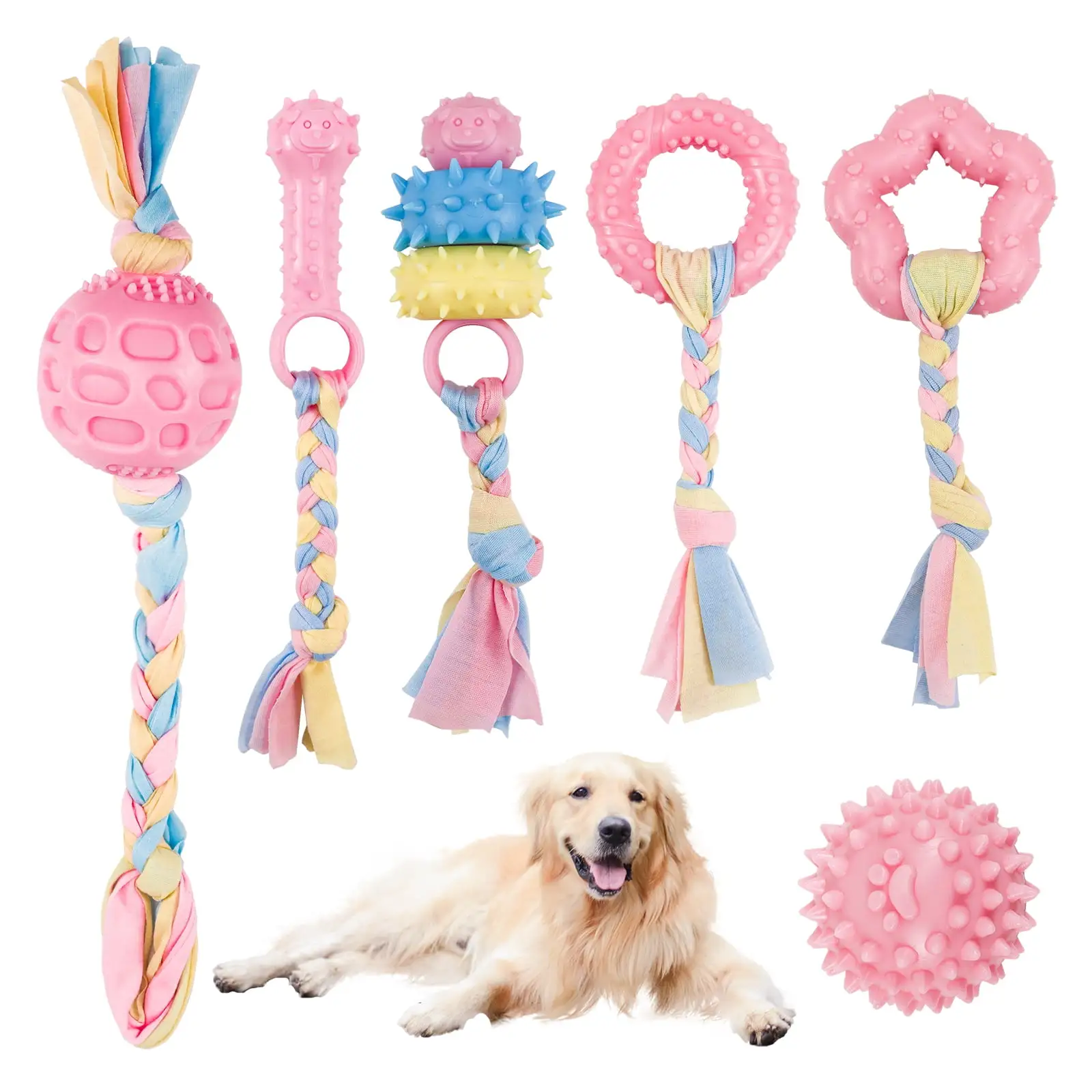 6 Pcs Puppy Chew Toys Set. Cute Safe Rope Toys Teeth Clean Toys Set with Cotton and Rubber for Small Dogs. Washable Cotton Rope Dog Toy