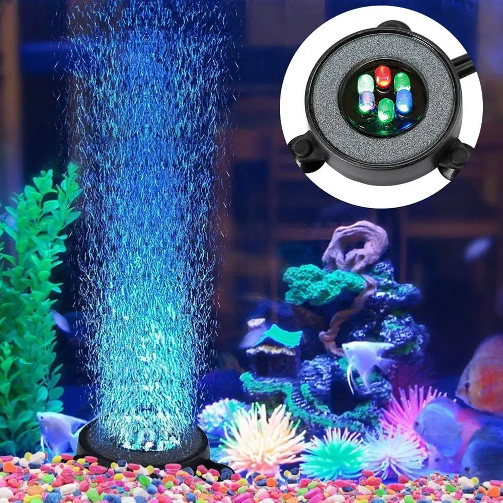 Moyouny Aquarium Air Stone Disk Round Fish Tank Bubbler With Auto Color Changing LED Light Multi-Colored LED