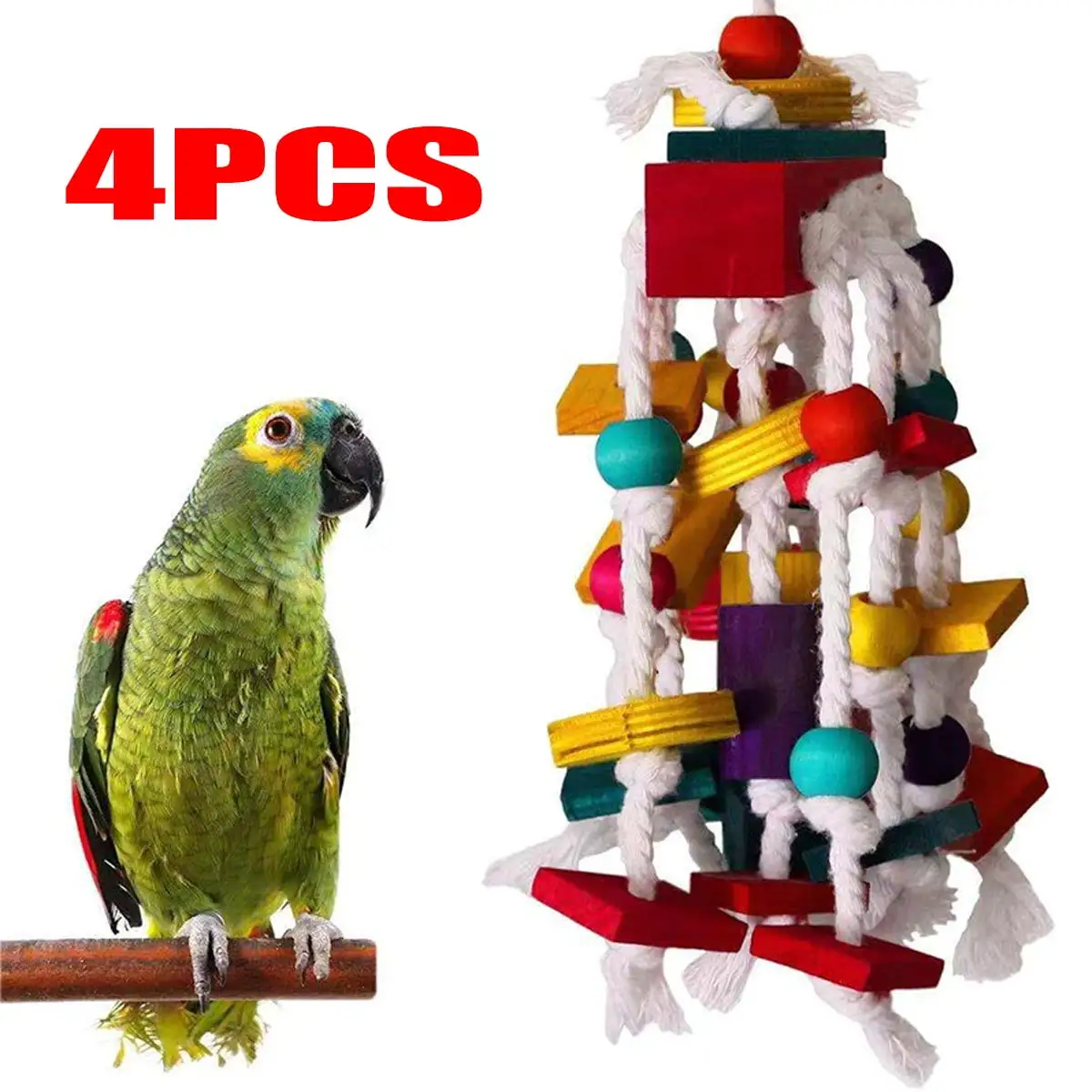 4Piece Bird Chewing Toy - Wooden Parrot Cage Chewing Toy For Parrots And Small To Medium Birds